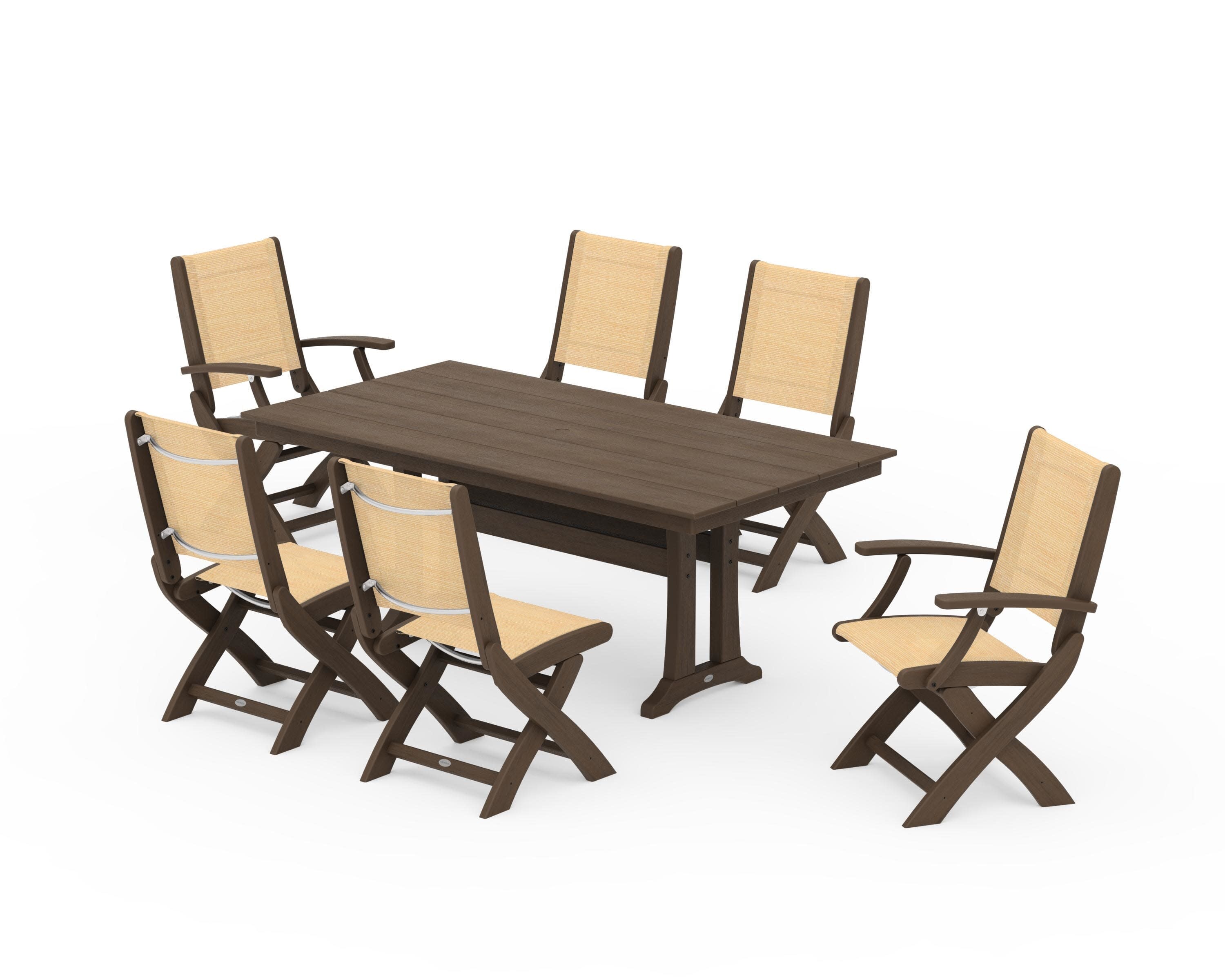 Coastal Folding Chair 7-Piece Farmhouse Dining Set with Trestle Legs in Kona / Dupioni Apricot Sling