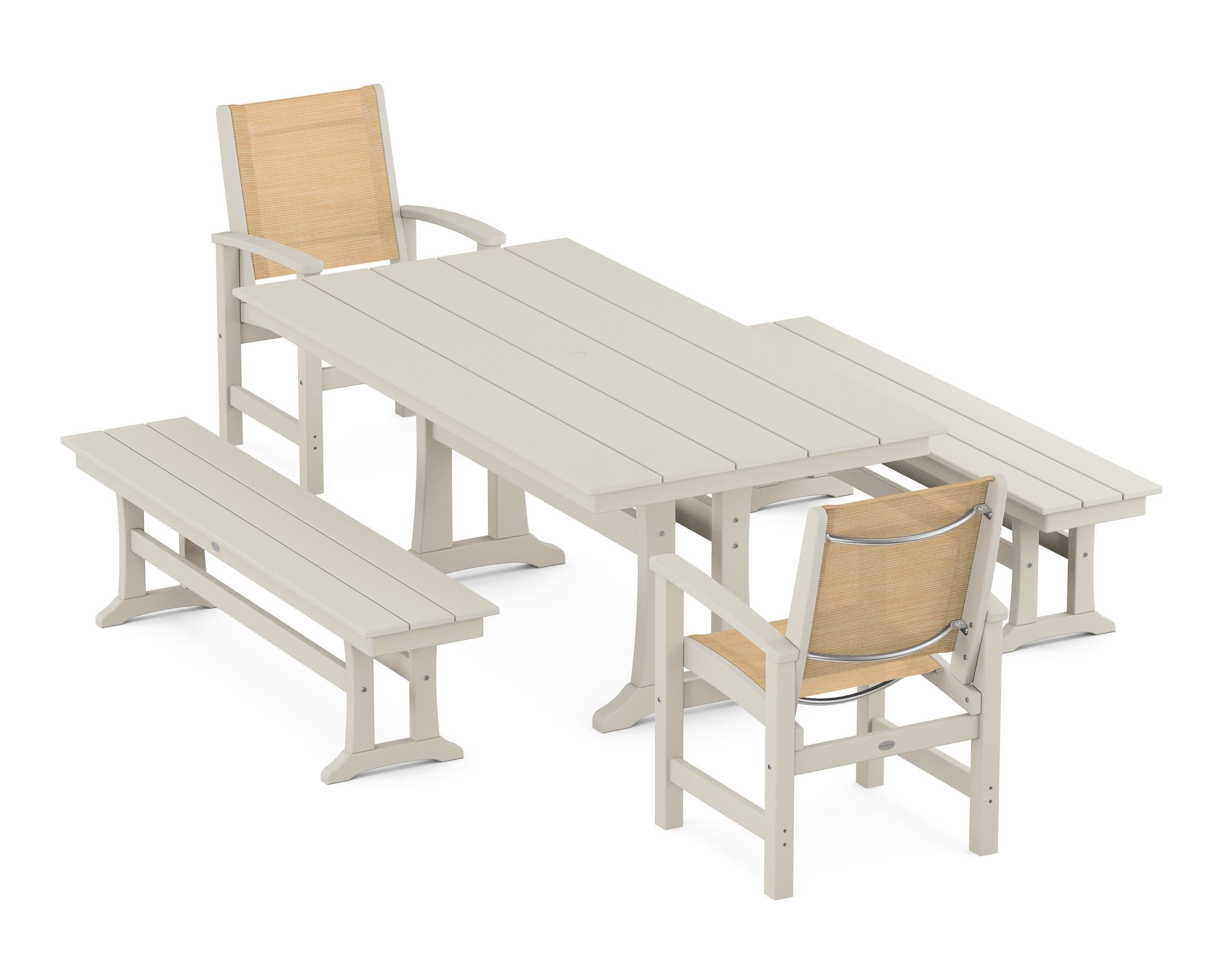 Coastal 5-Piece Farmhouse Dining Set with Trestle Legs and Benches in Sand / Dupioni Apricot Sling