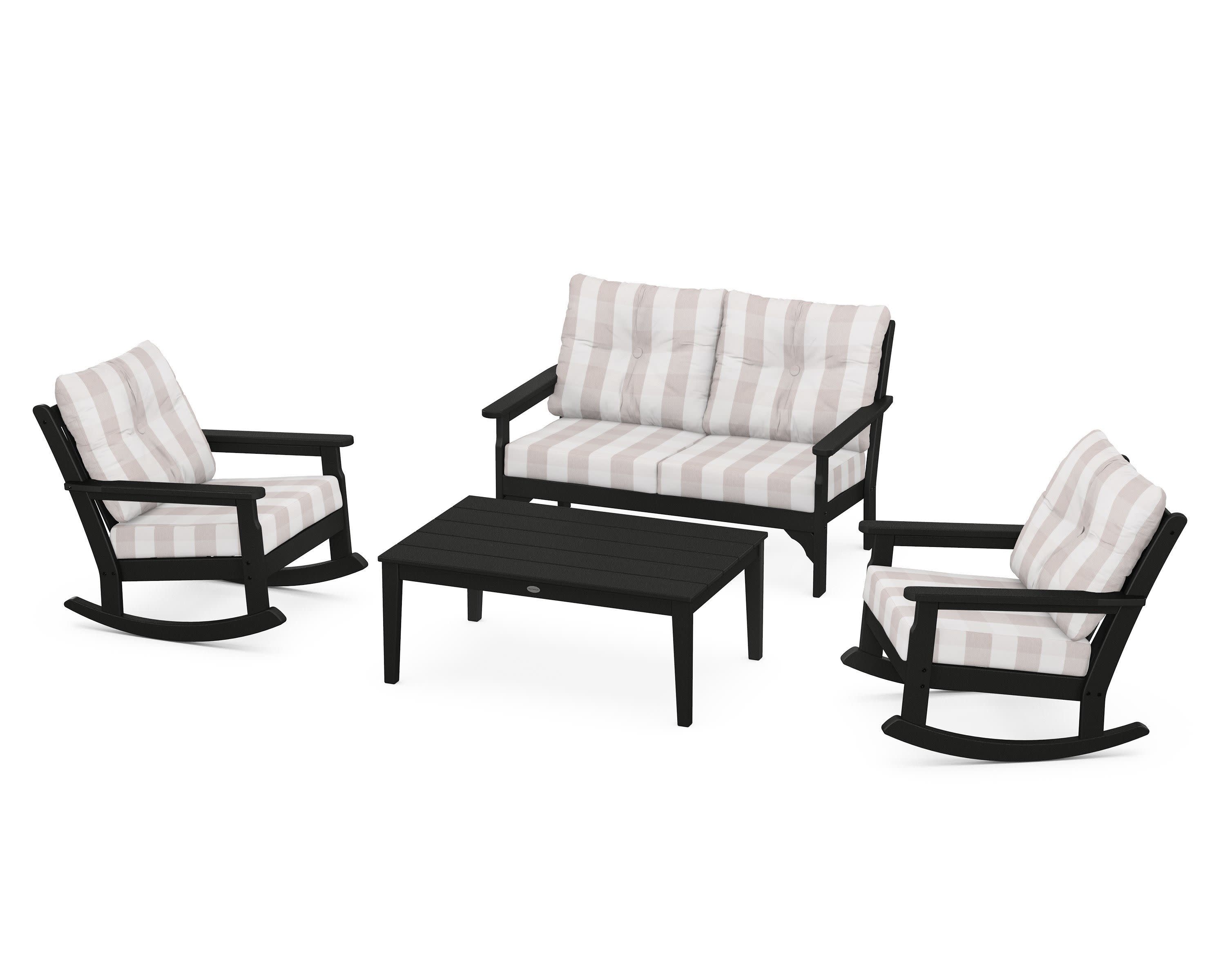 Vineyard 4-Piece Deep Seating Rocking Chair Set in Black / Buffalo Plaid Dune Burlap
