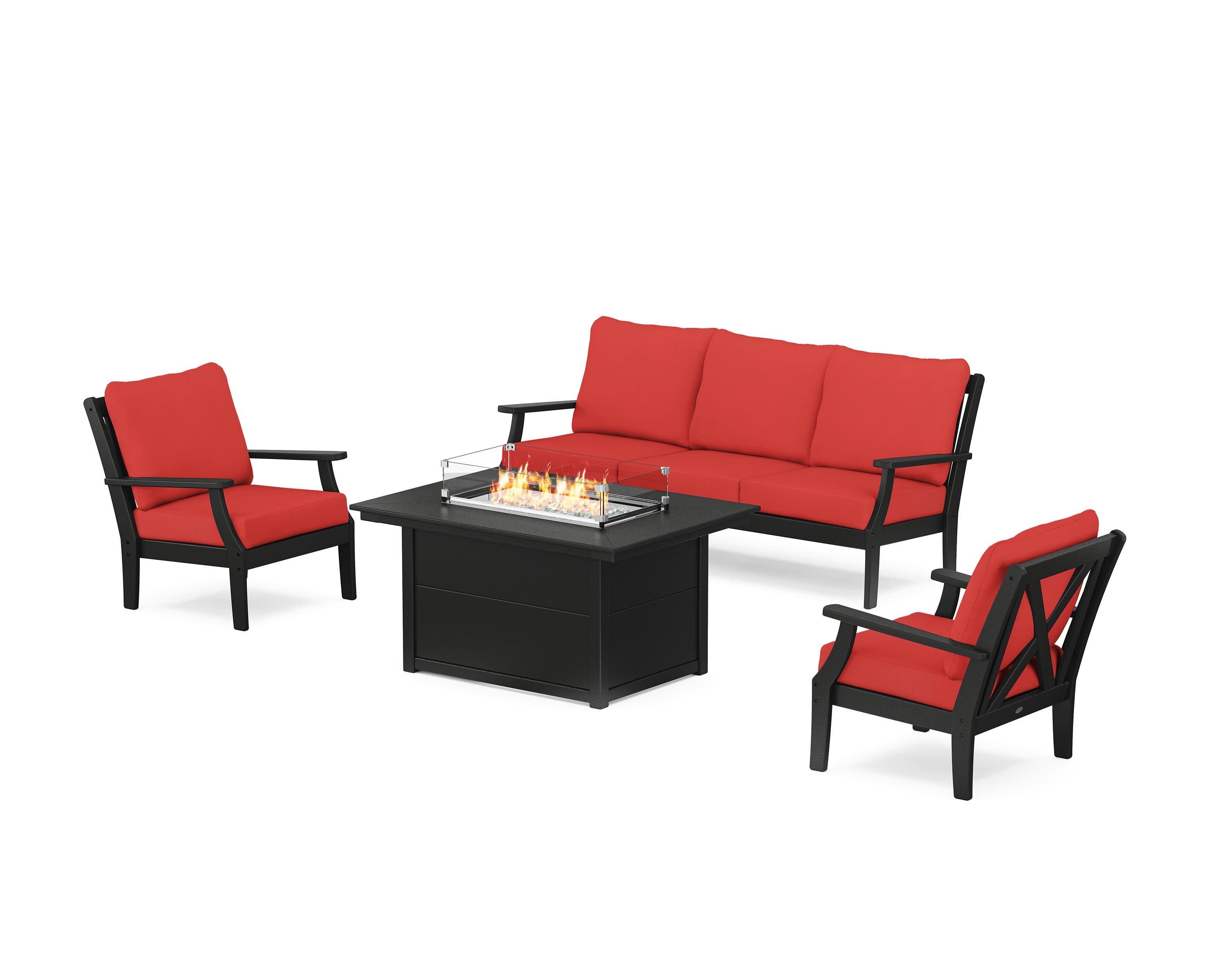 Braxton Deep Seating Fire Pit Table Set in Black / Crimson Linen