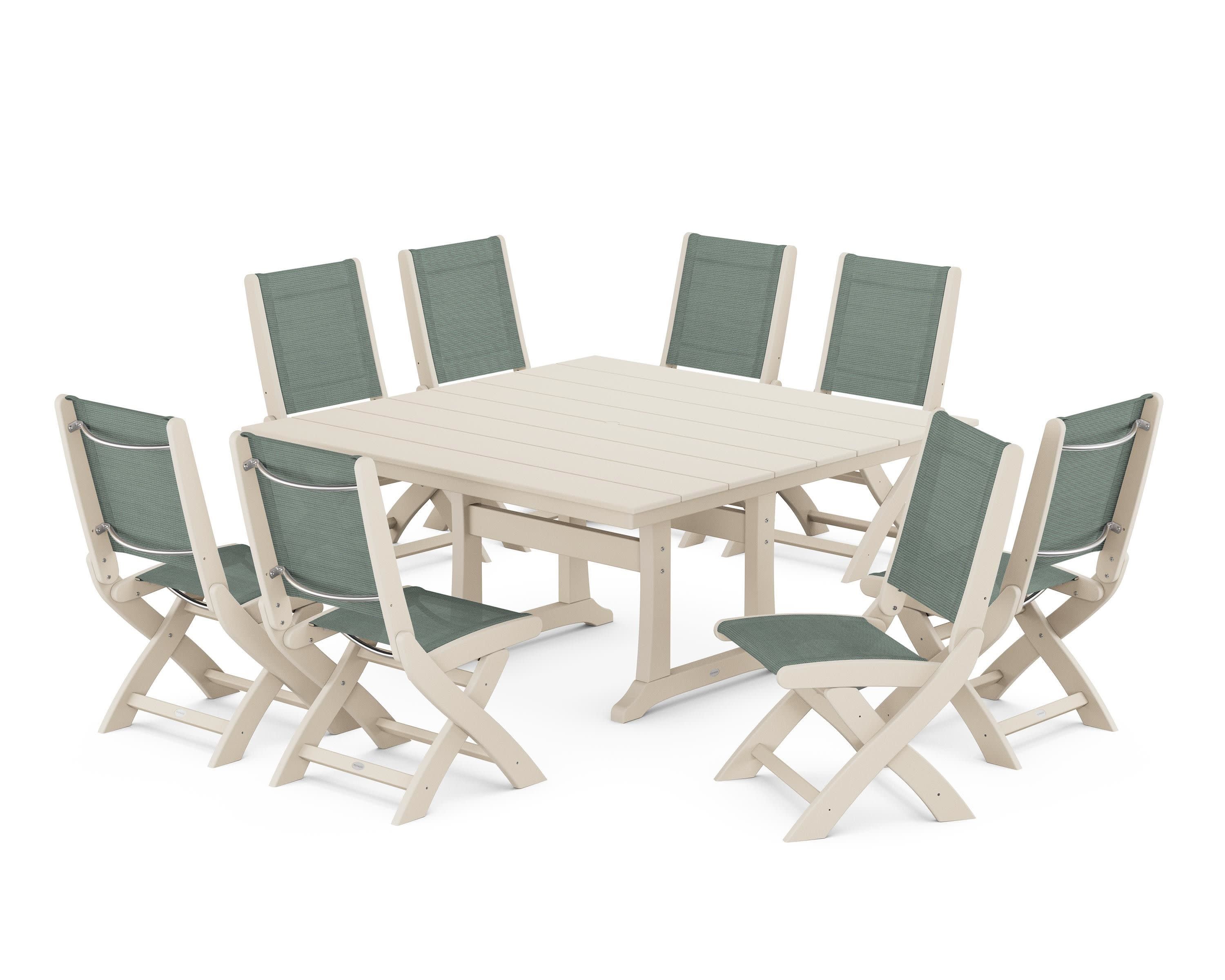 Coastal Folding Side Chair 9-Piece Farmhouse Dining Set in Sand / Dupioni Sea Mist Sling