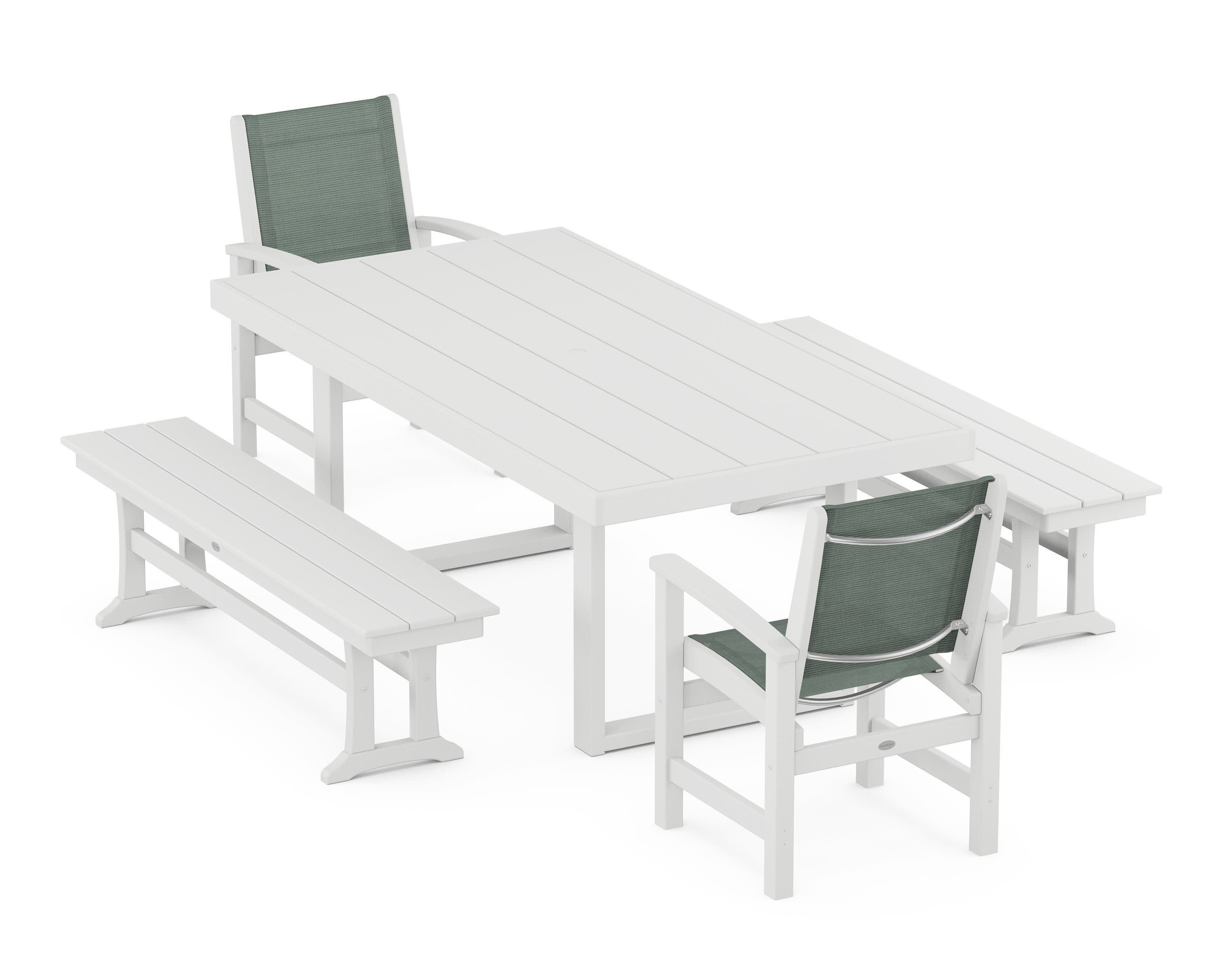 Coastal 5-Piece Dining Set with Trestle Legs in White / Dupioni Sea Mist Sling
