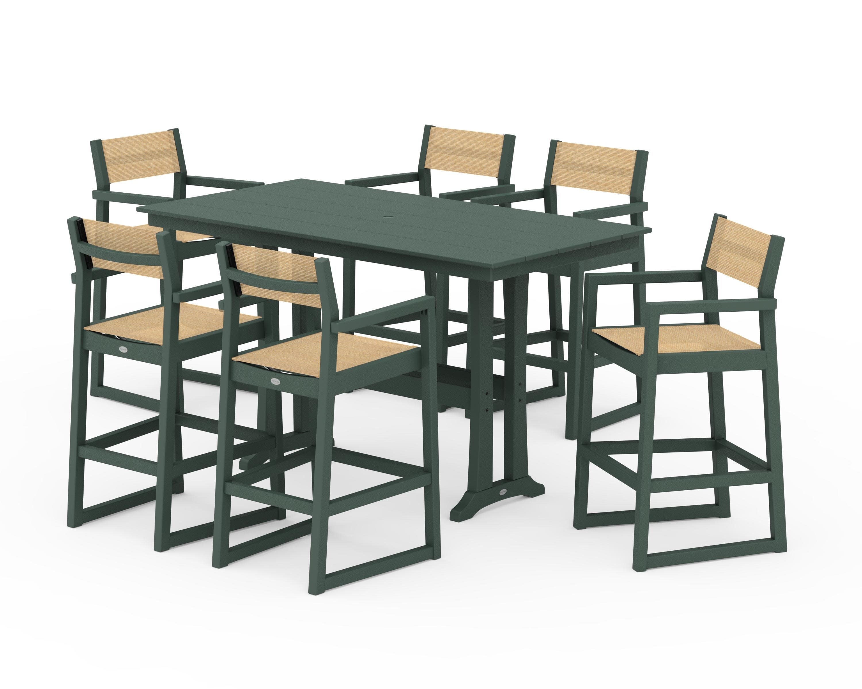 EDGE Sling Arm Chair 7-Piece Farmhouse Bar Set with Trestle Legs in Green / Dupioni Apricot Sling