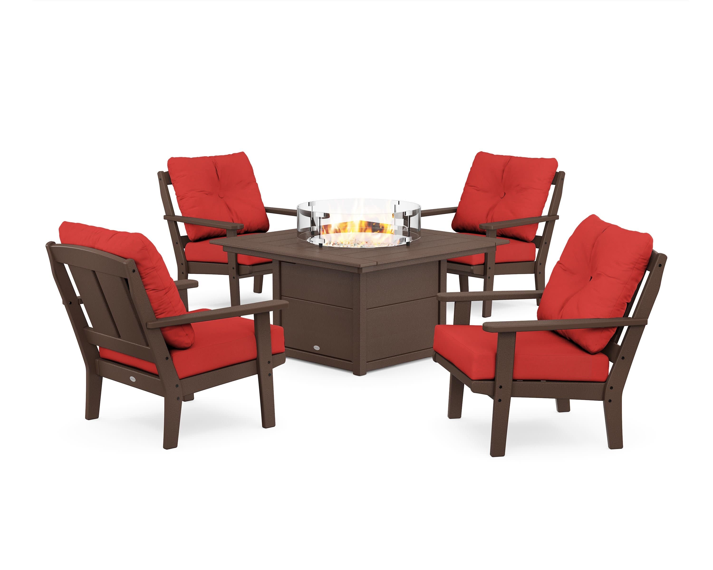 Mission 5-Piece Deep Seating Set with Fire Pit Table in Mahogany / Crimson Linen