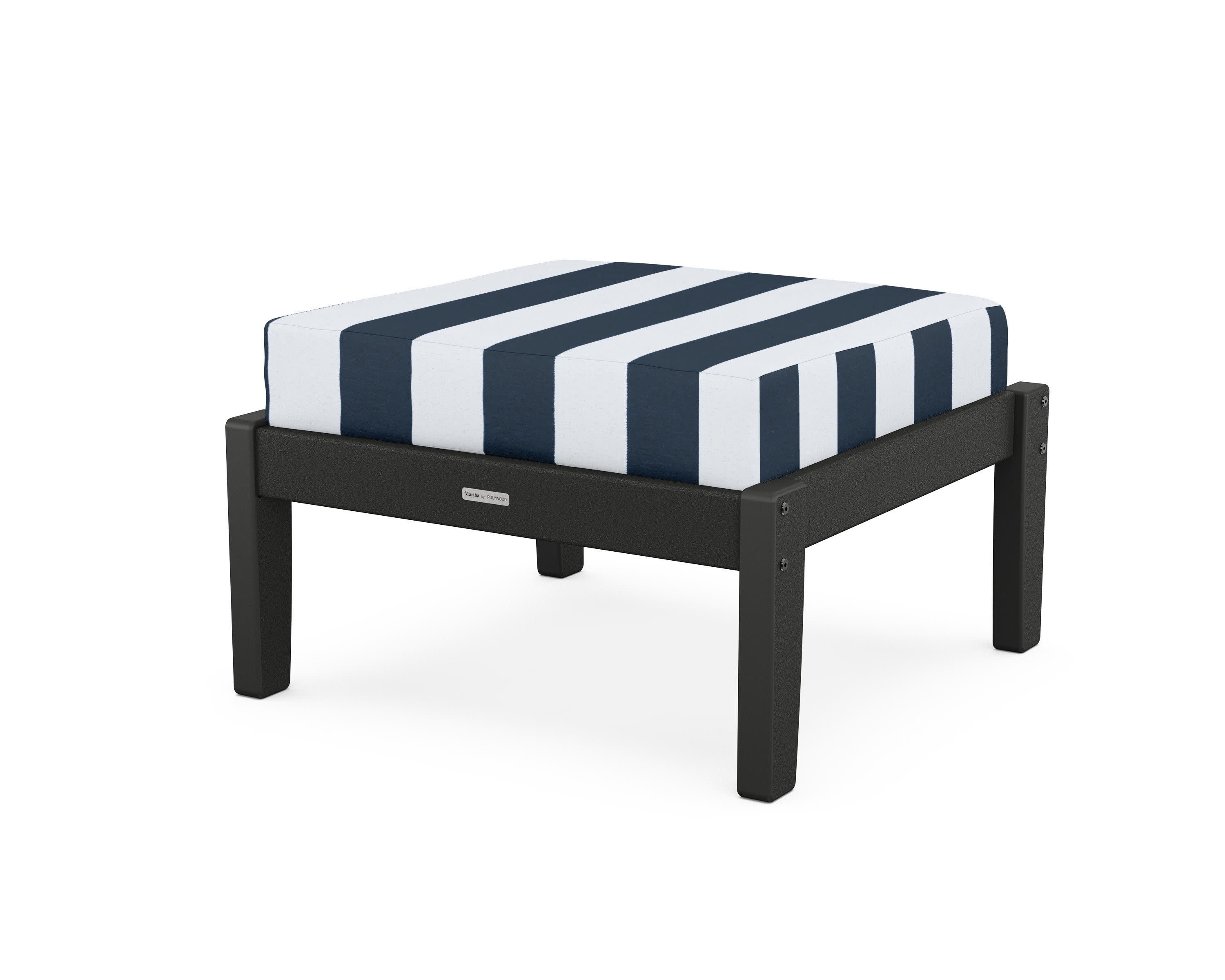 Chinoiserie Deep Seating Ottoman in Black / Cabana Stripe Marine Indigo