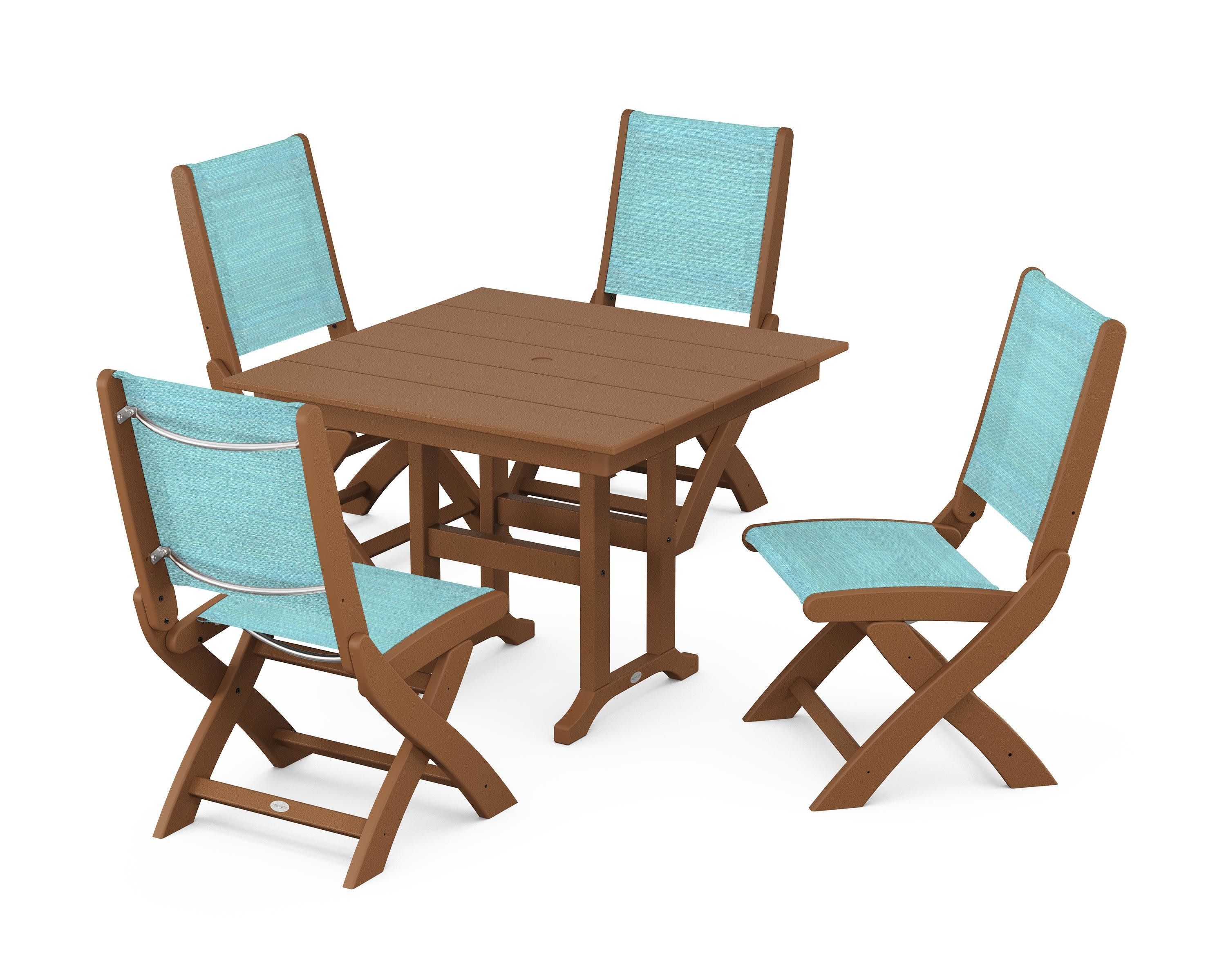 Coastal Folding Side Chair 5-Piece Farmhouse Dining Set in Teak / Dupioni Aquamarine Sling