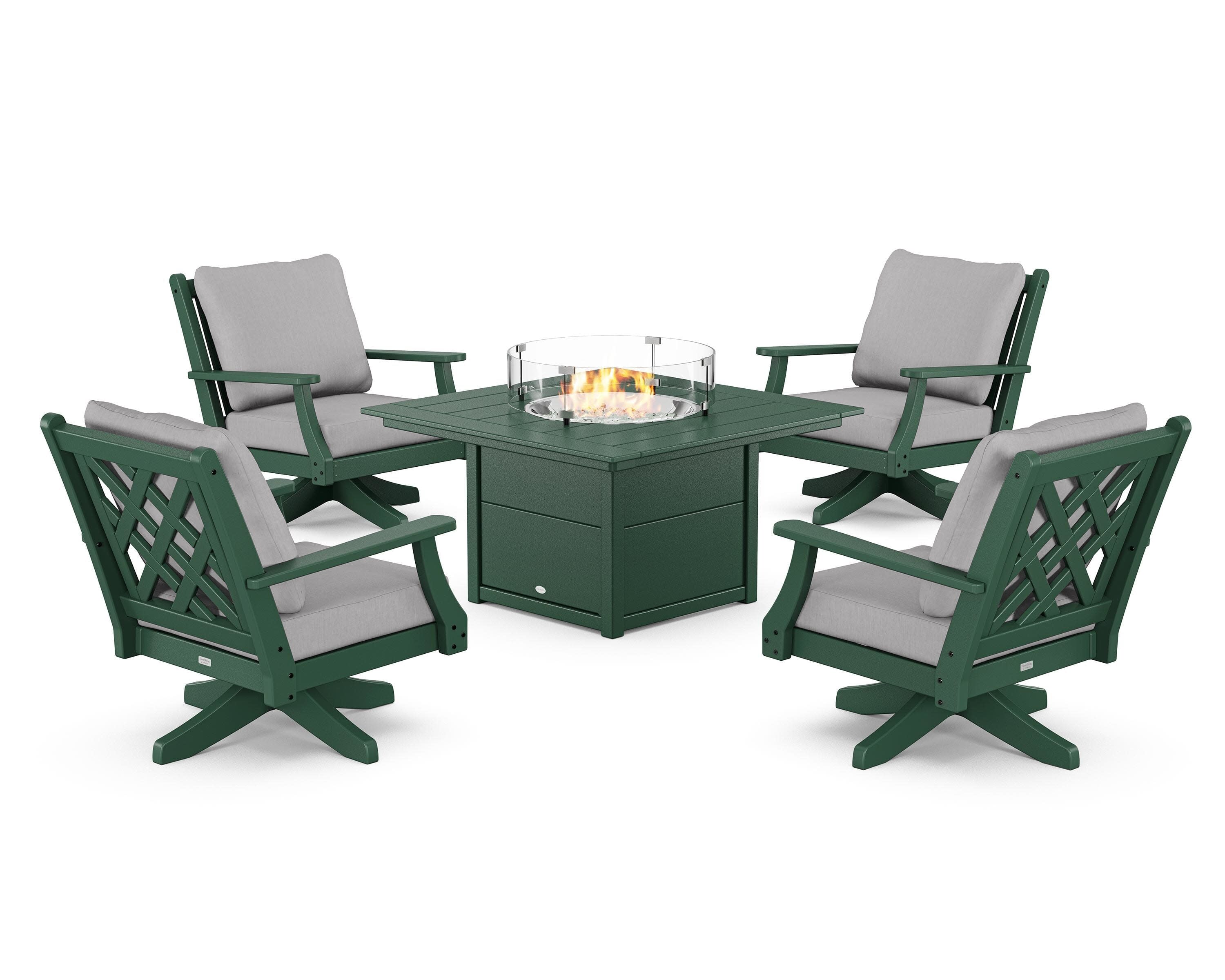 Wovendale 5-Piece Deep Seating Swivel Conversation Set with Fire Pit Table in Green / Granite