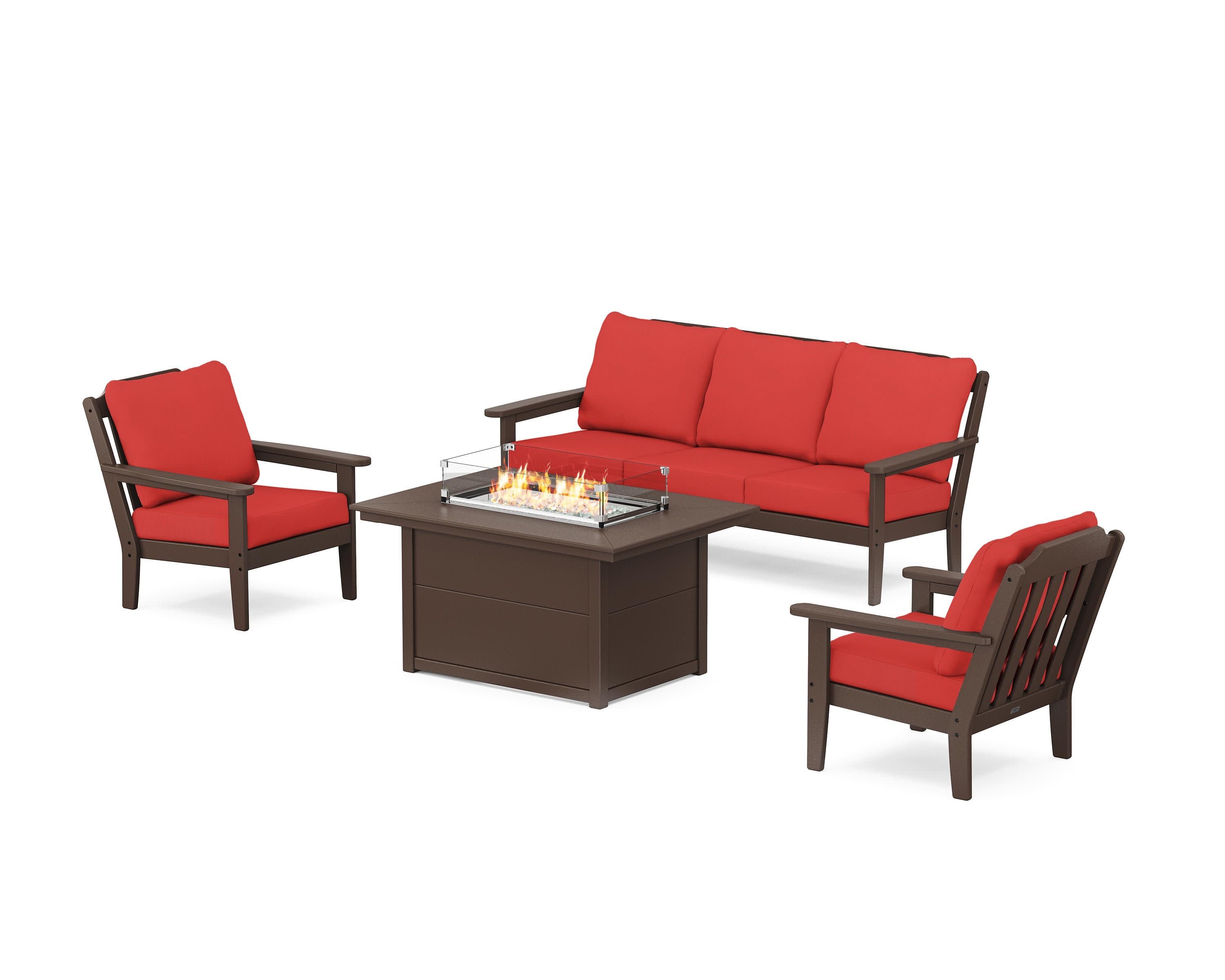 Cottage Deep Seating Fire Pit Table Set in Mahogany / Crimson Linen