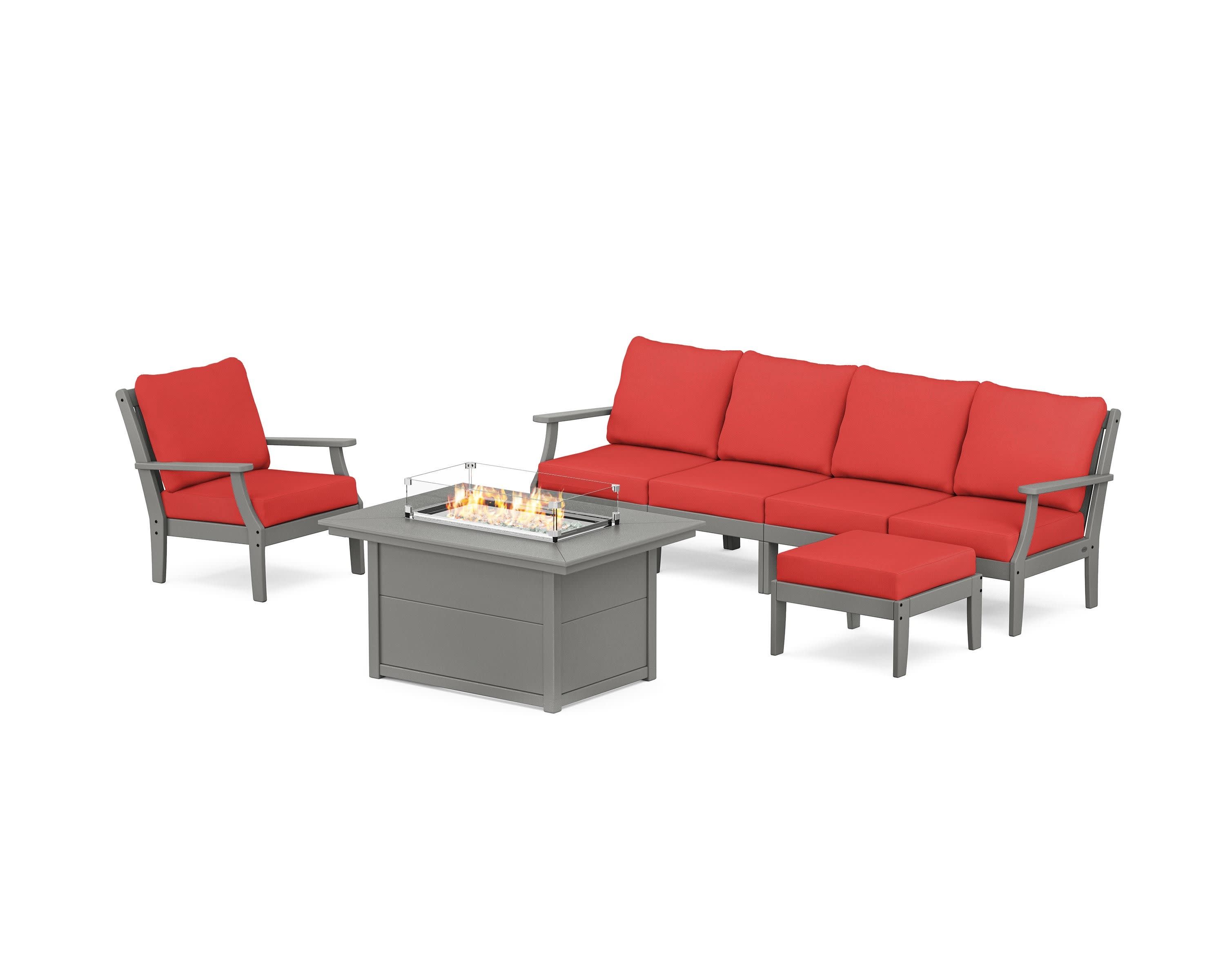 Braxton Sectional Lounge and Fire Pit Set in Slate Grey / Crimson Linen