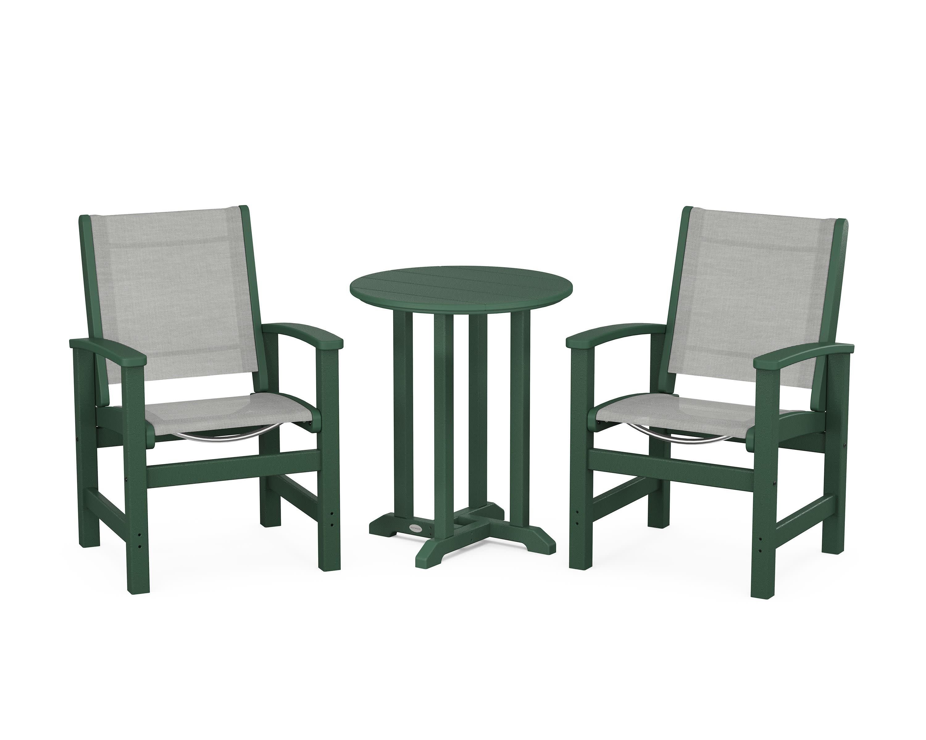 Coastal 3-Piece Round Bistro Dining Set in Green / Metallic Sling