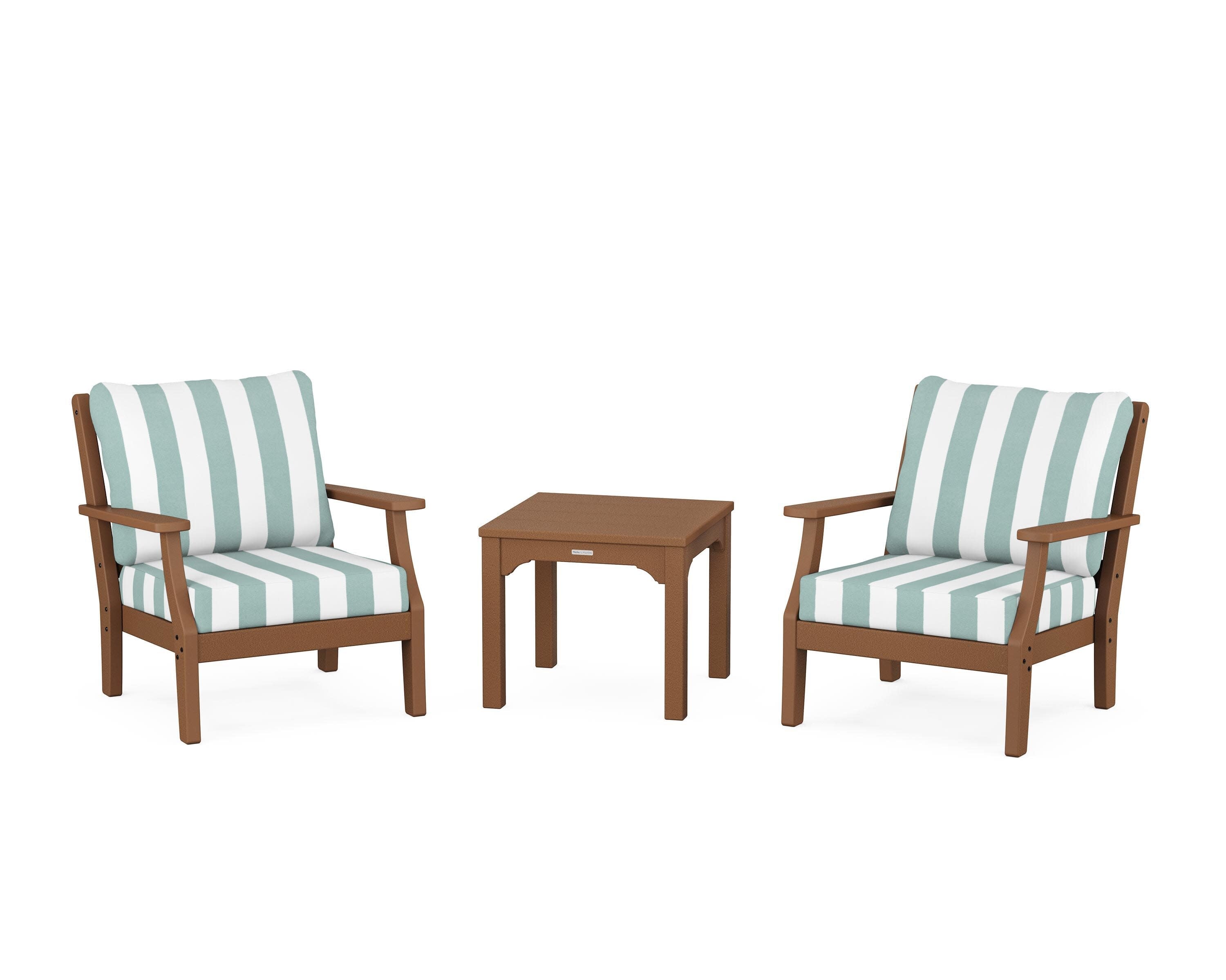 Chinoiserie 3-Piece Deep Seating Set in Teak / Cabana Stripe Glacier Spa