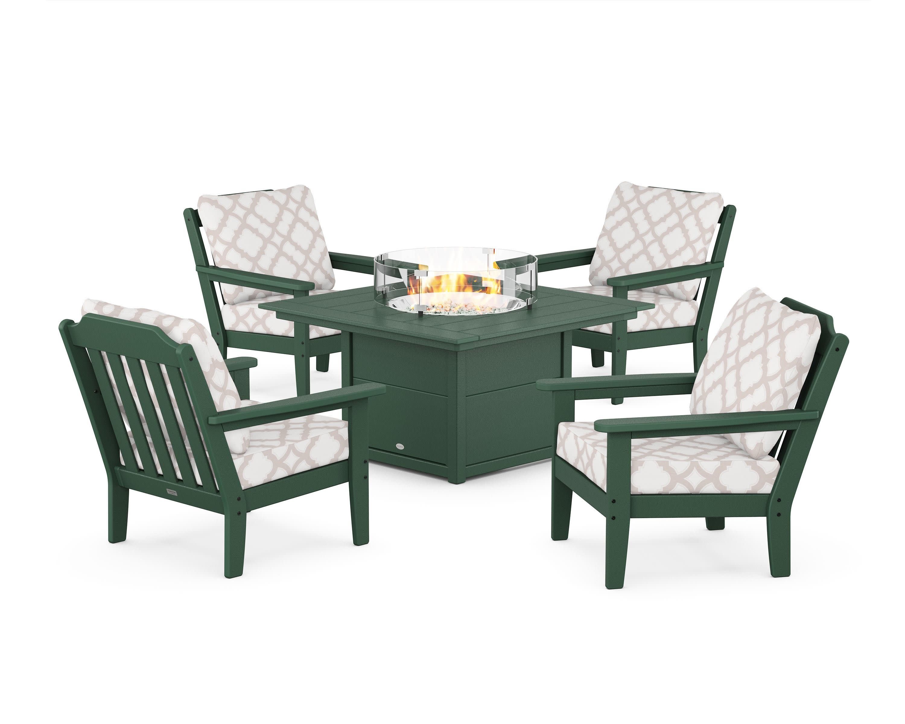 Cottage 5-Piece Deep Seating Set with Fire Pit Table in Green / Trellis Dune Burlap