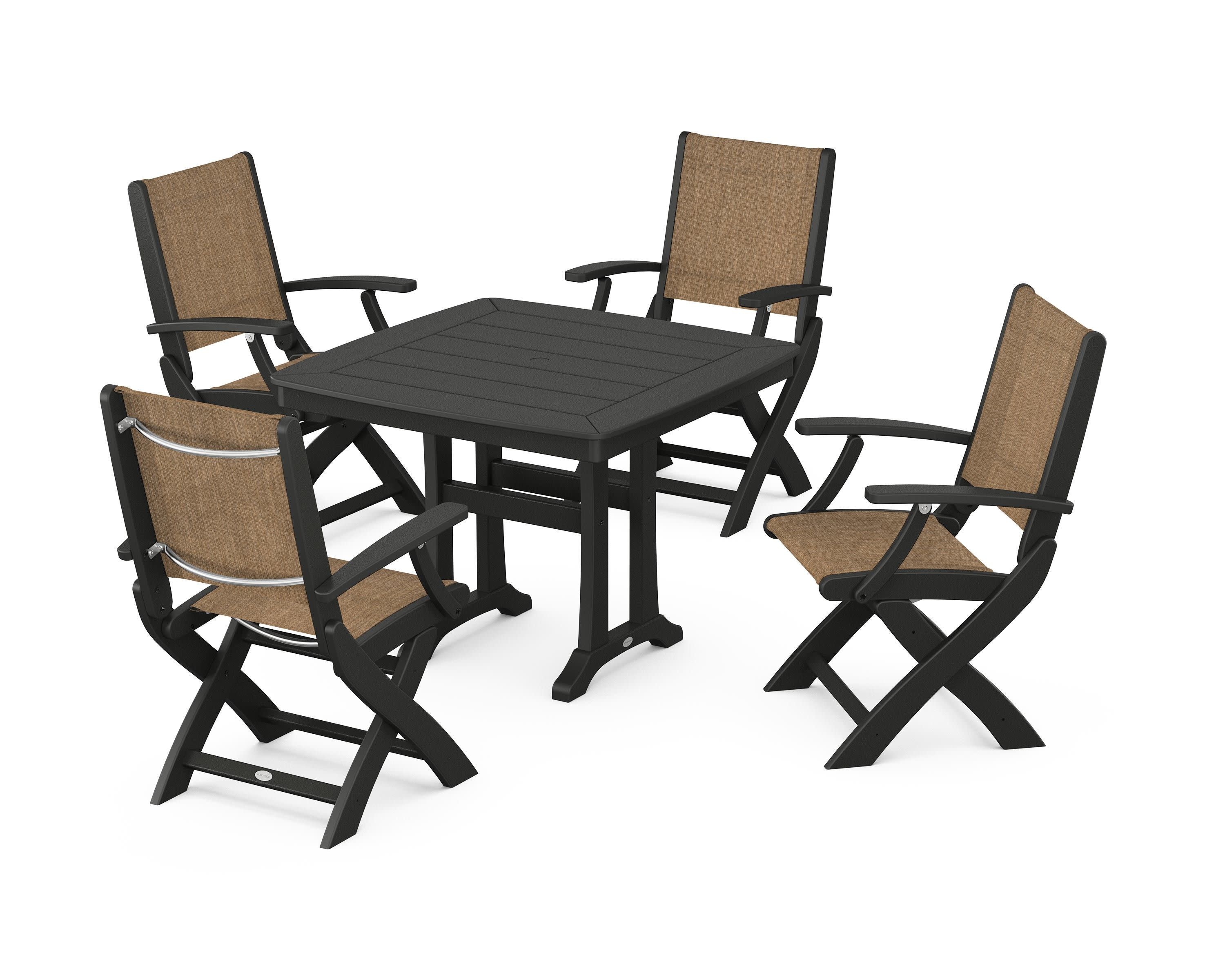 Coastal Folding Chair 5-Piece Dining Set with Trestle Legs in Black / Burlap Sling