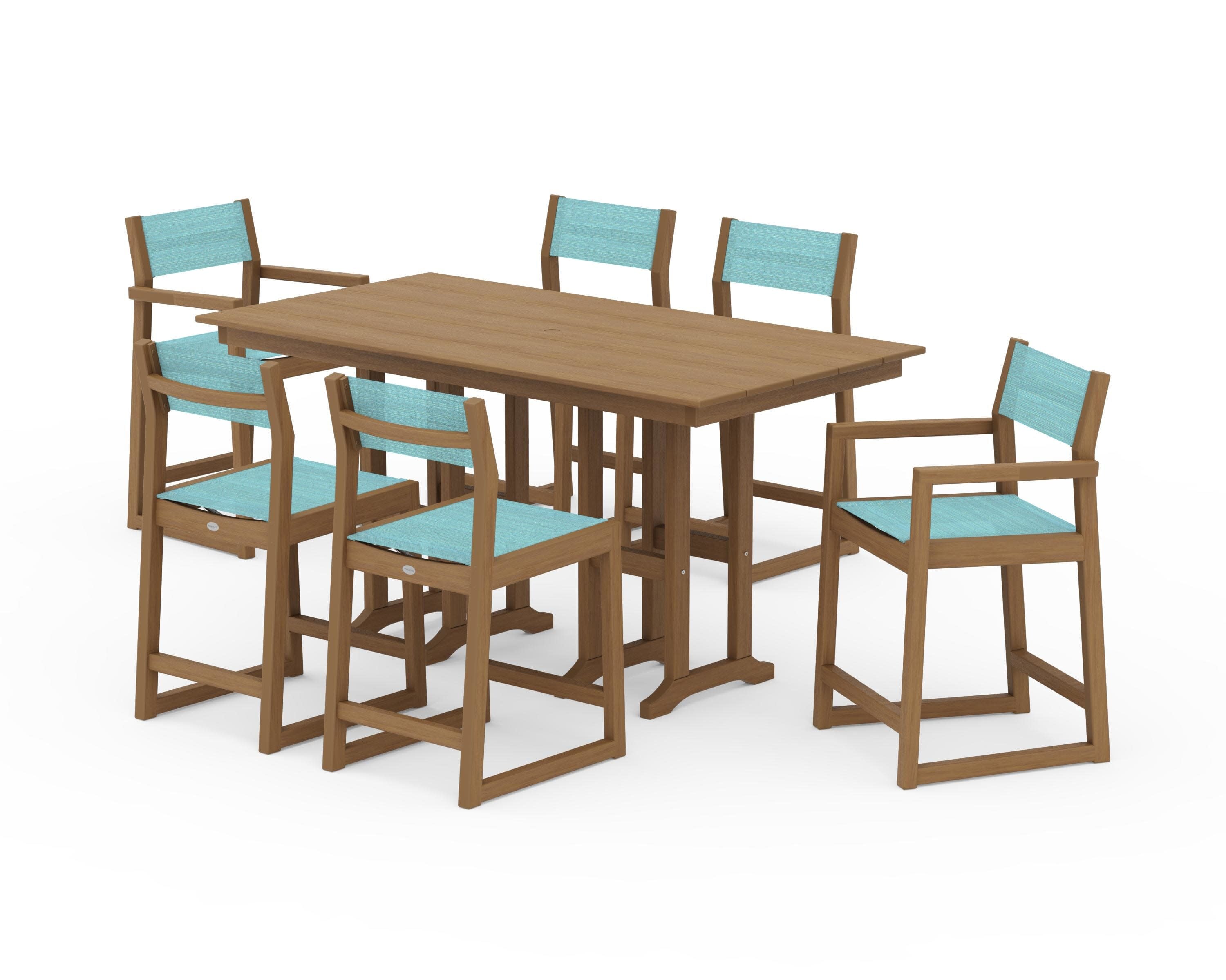 EDGE Sling 7-Piece Farmhouse Counter Set with Trestle Legs in Natural / Dupioni Aquamarine Sling
