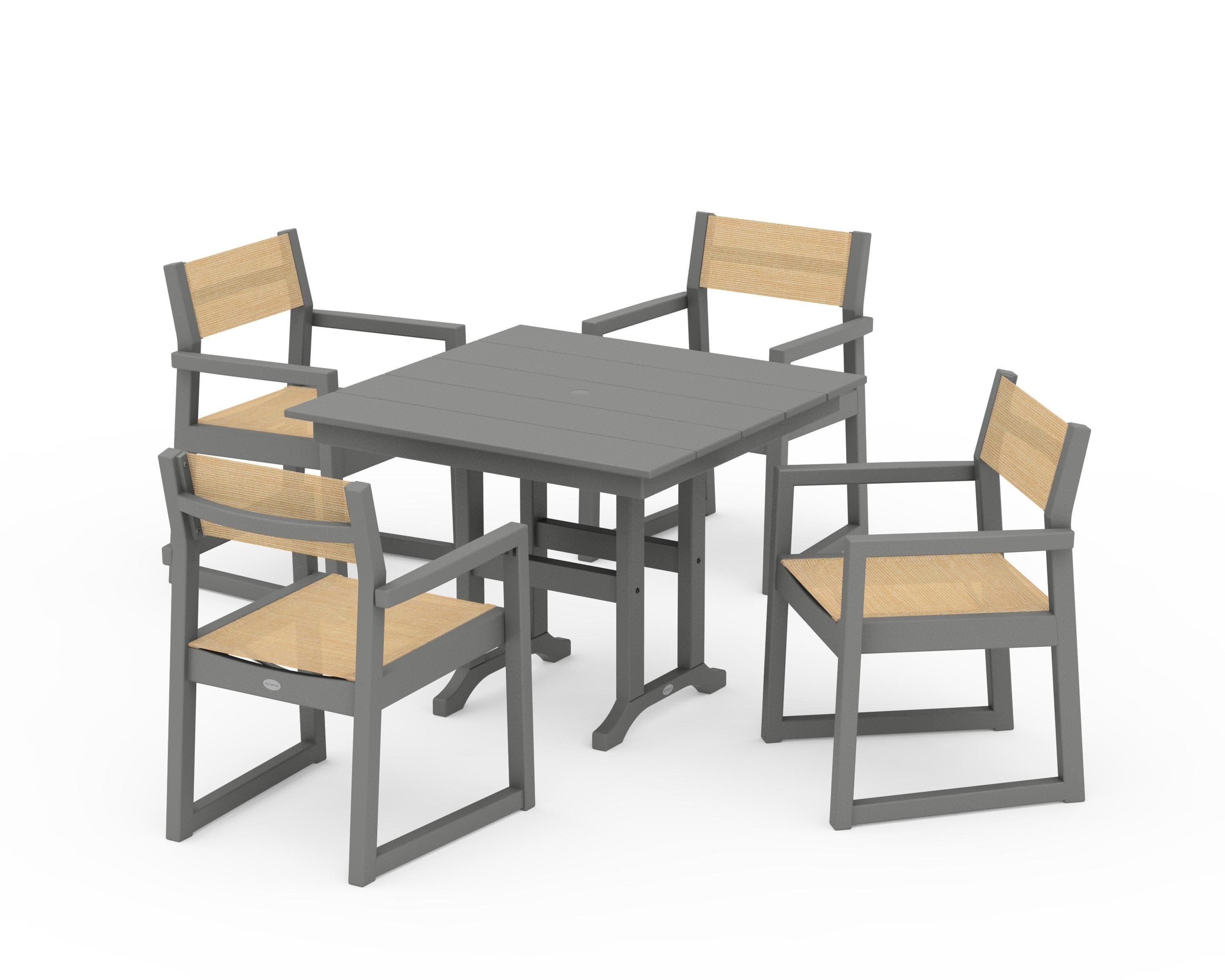 EDGE Sling Arm Chair 5-Piece Farmhouse Dining Set in Slate Grey / Dupioni Apricot Sling