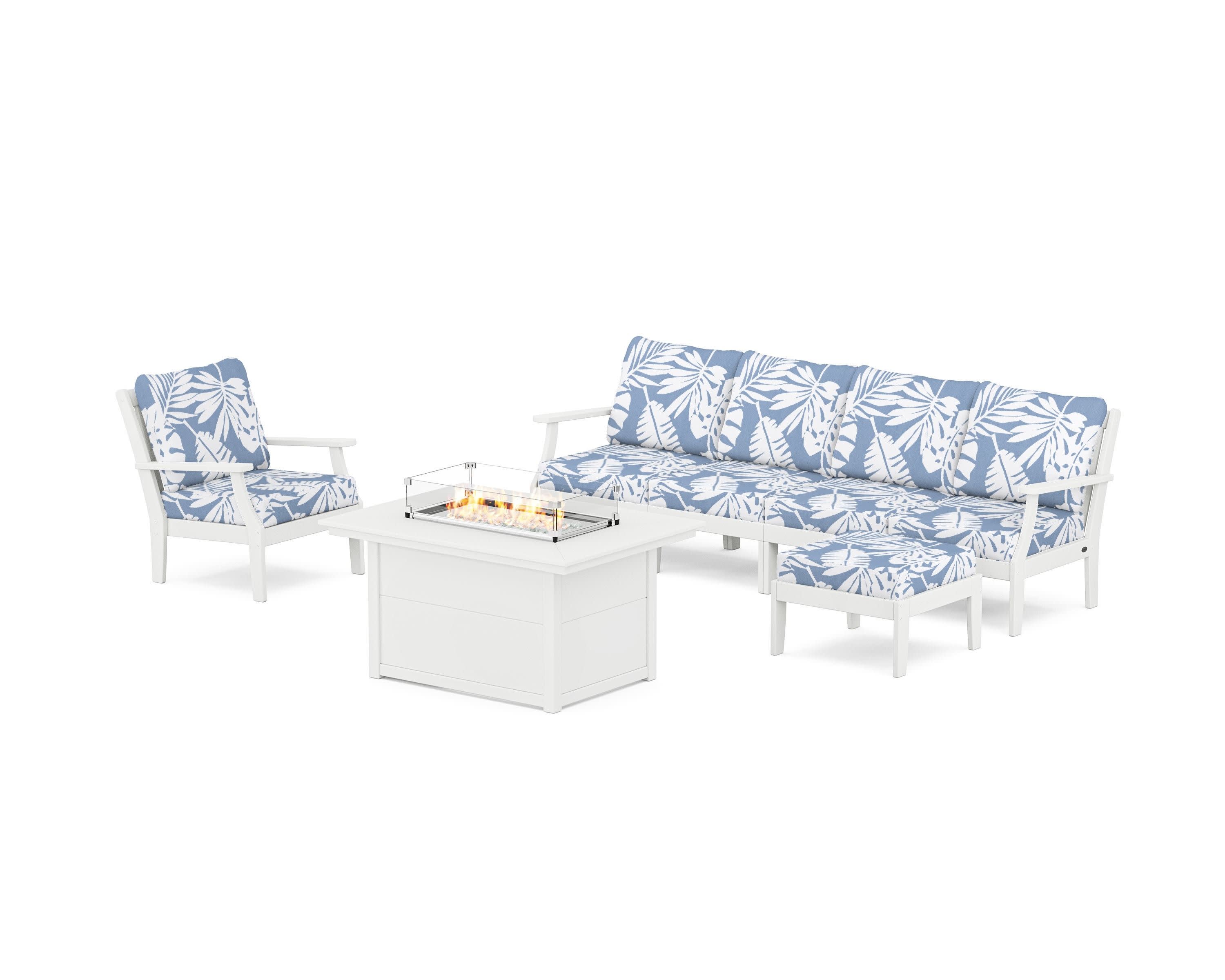Braxton Sectional Lounge and Fire Pit Set in White / Leaf Sky Blue