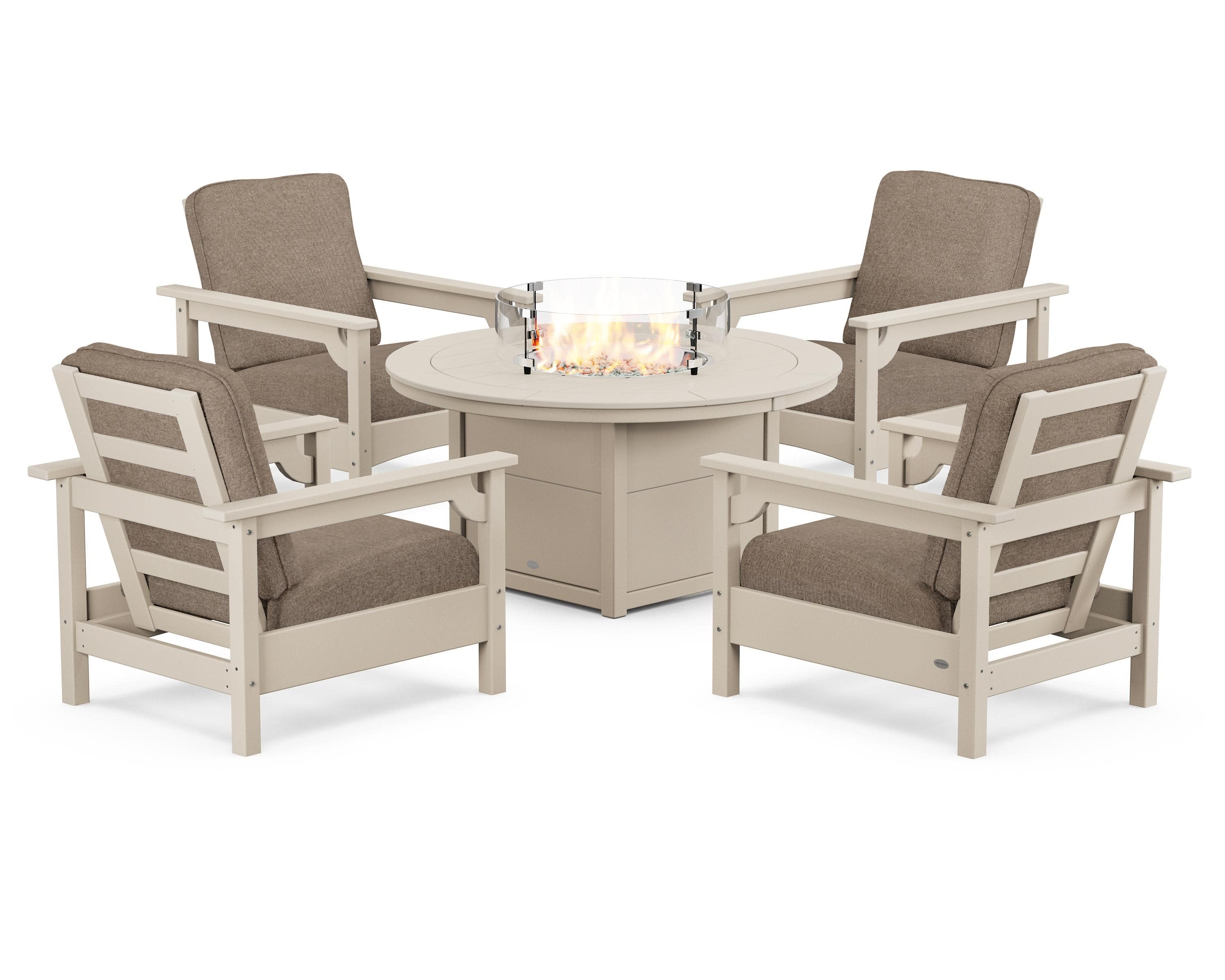 Club 5-Piece Conversation Set with Fire Pit Table in Sand / Spiced Burlap