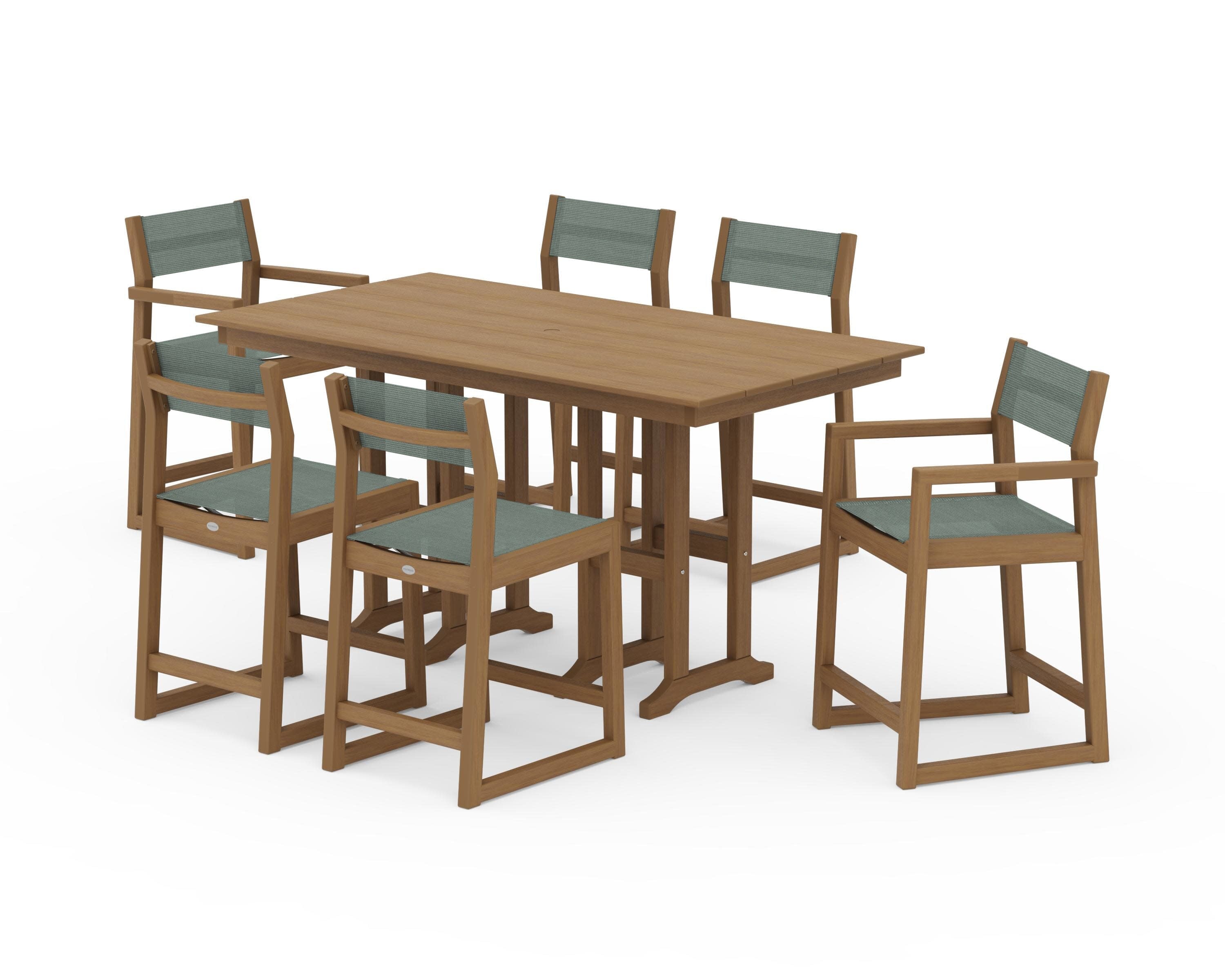 EDGE Sling 7-Piece Farmhouse Counter Set with Trestle Legs in Natural / Dupioni Sea Mist Sling