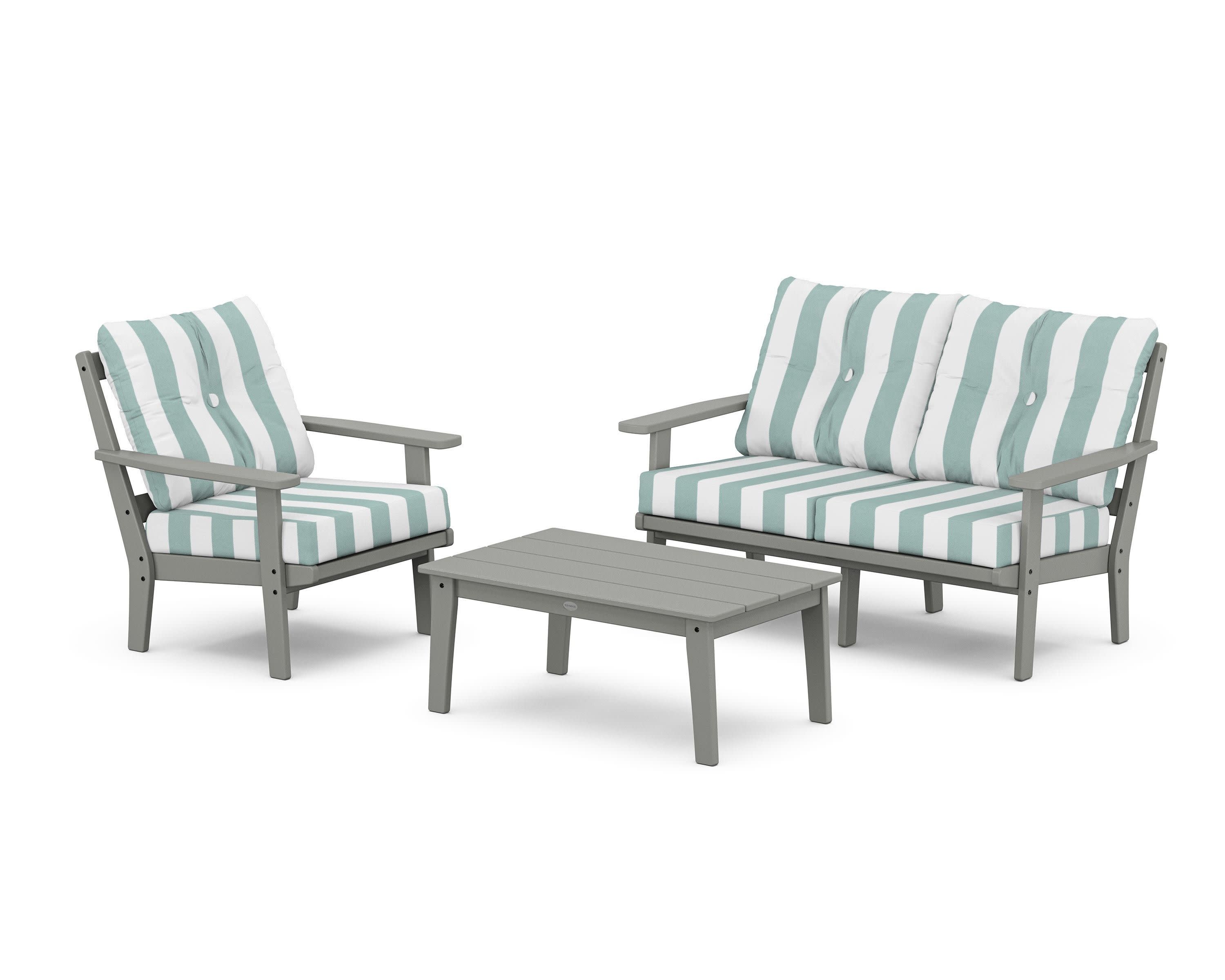 Oxford 3-Piece Deep Seating Set with Loveseat in Slate Grey / Cabana Stripe Glacier Spa