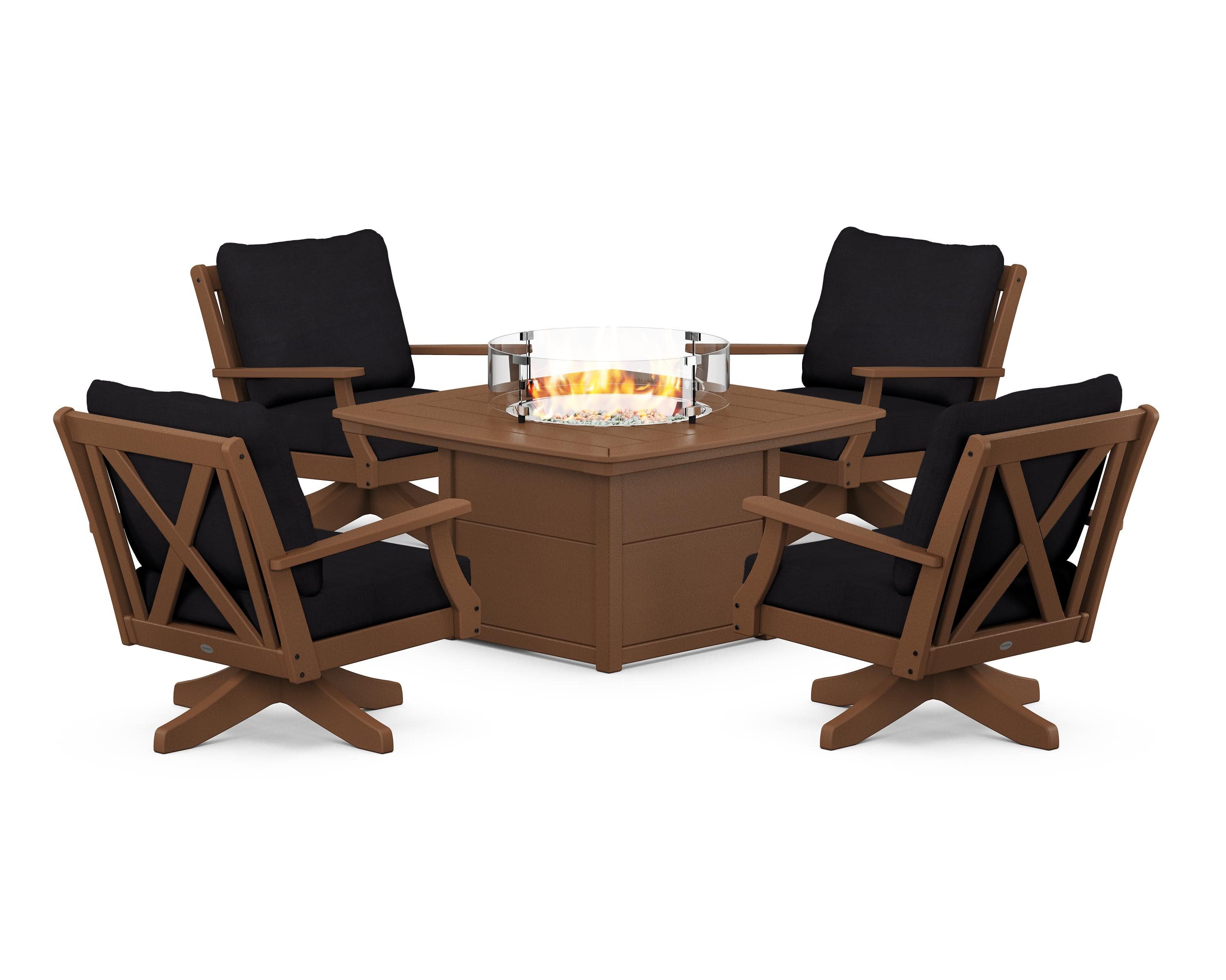 Braxton 5-Piece Deep Seating Swivel Conversation Set with Fire Pit Table in Teak / Midnight Linen