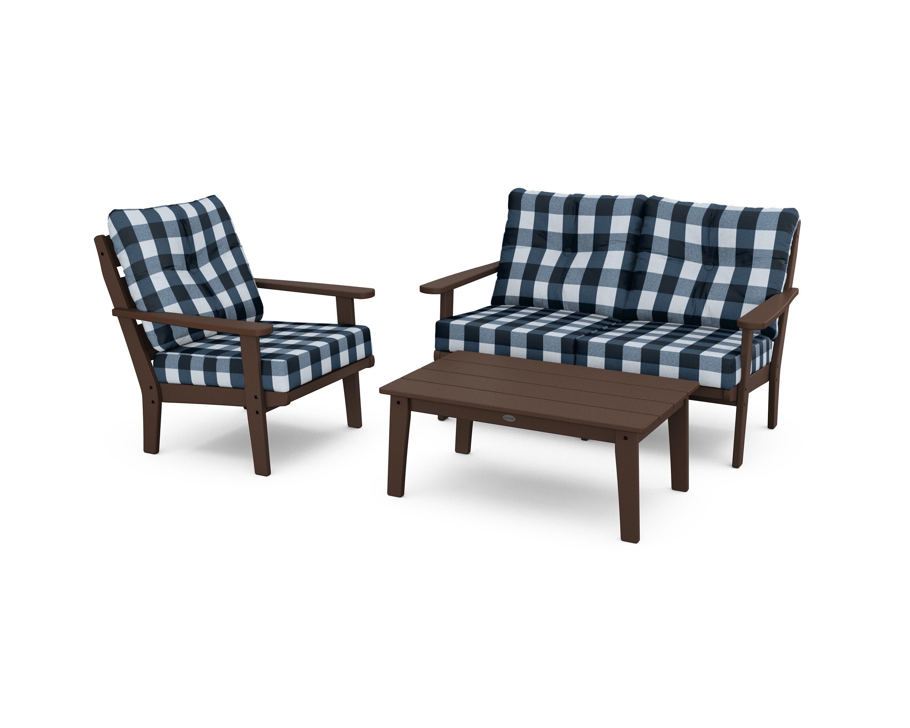 Lakeside 3-Piece Deep Seating Set in Mahogany / Buffalo Plaid Marine Indigo
