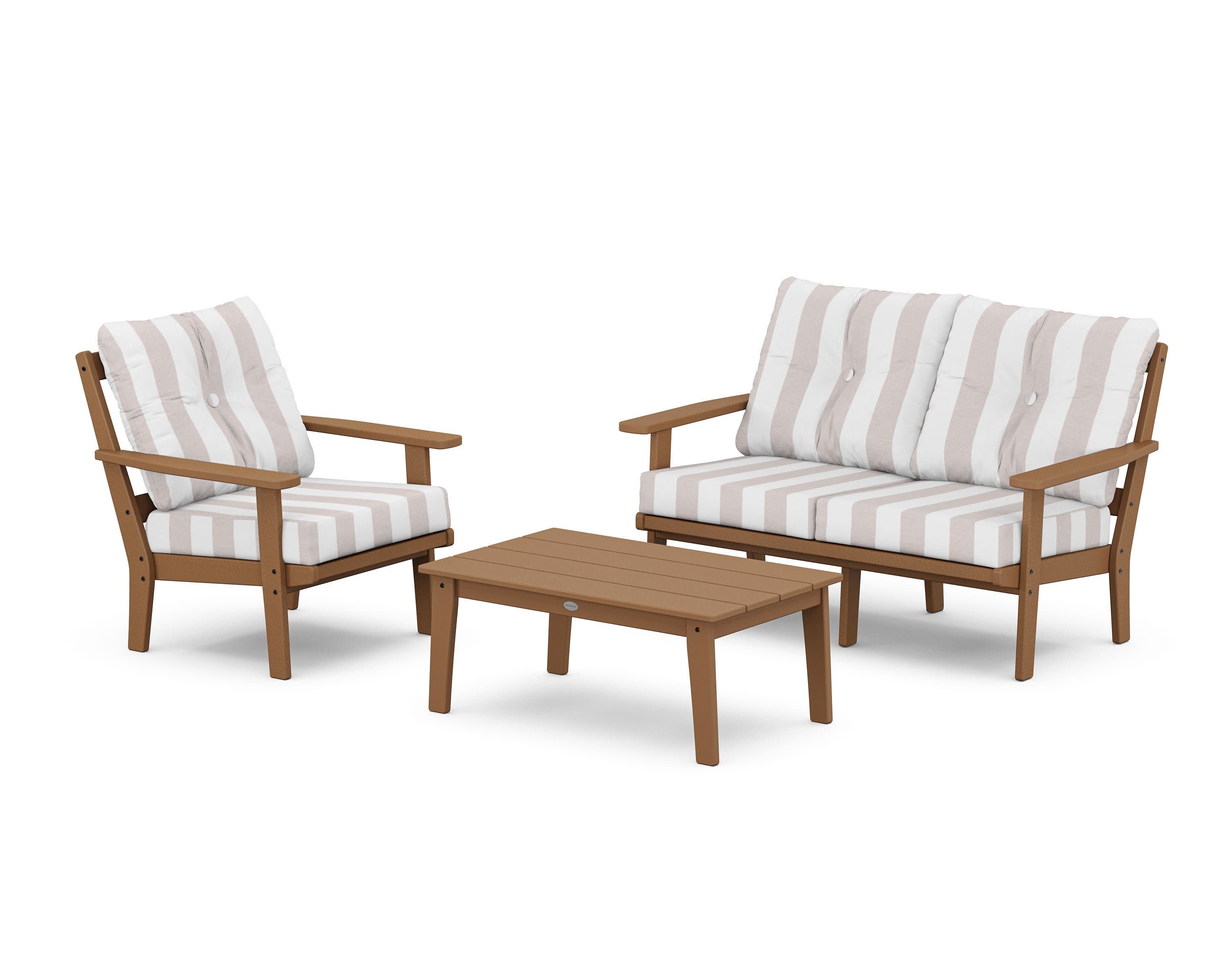 Oxford 3-Piece Deep Seating Set with Loveseat in Teak / Cabana Stripe Dune Burlap