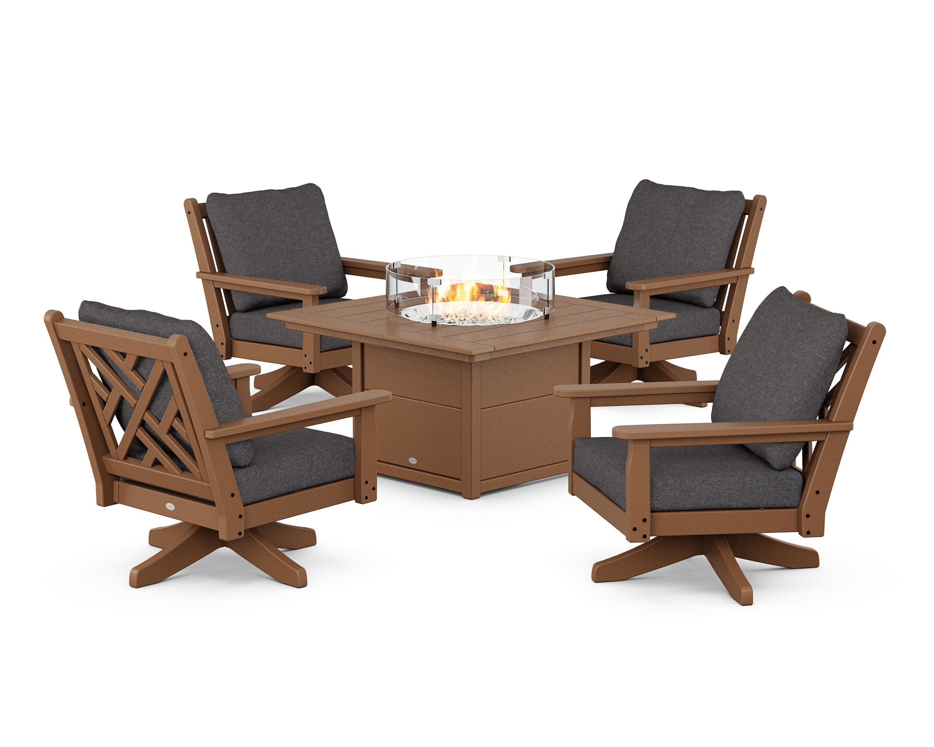 Chippendale 5-Piece Deep Seating Swivel Conversation Set with Fire Pit Table in Teak / Ash Charcoal