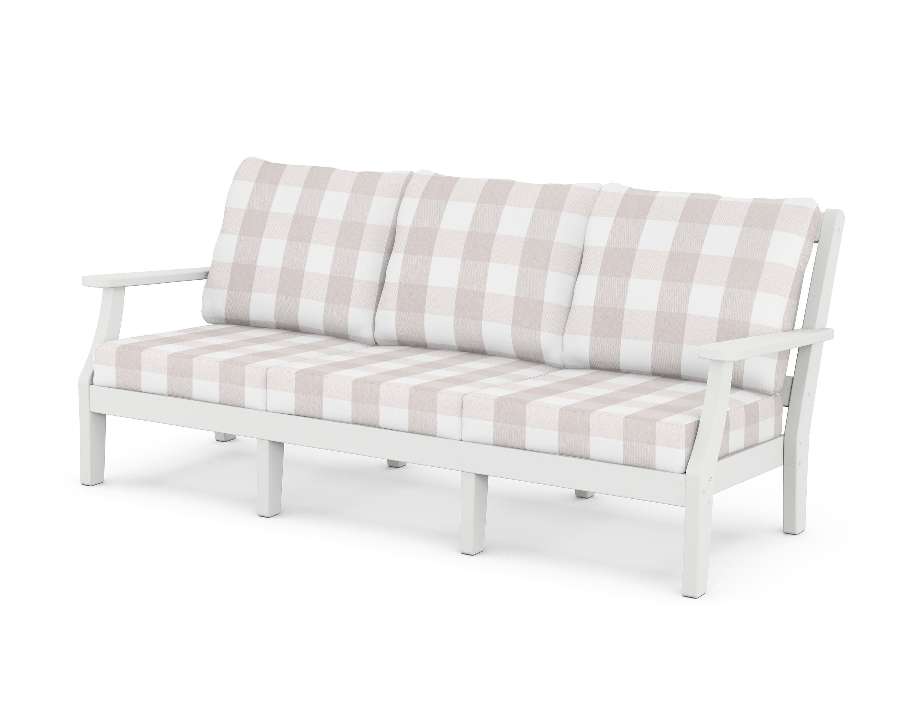 Chinoiserie Deep Seating Sofa in White / Buffalo Plaid Dune Burlap