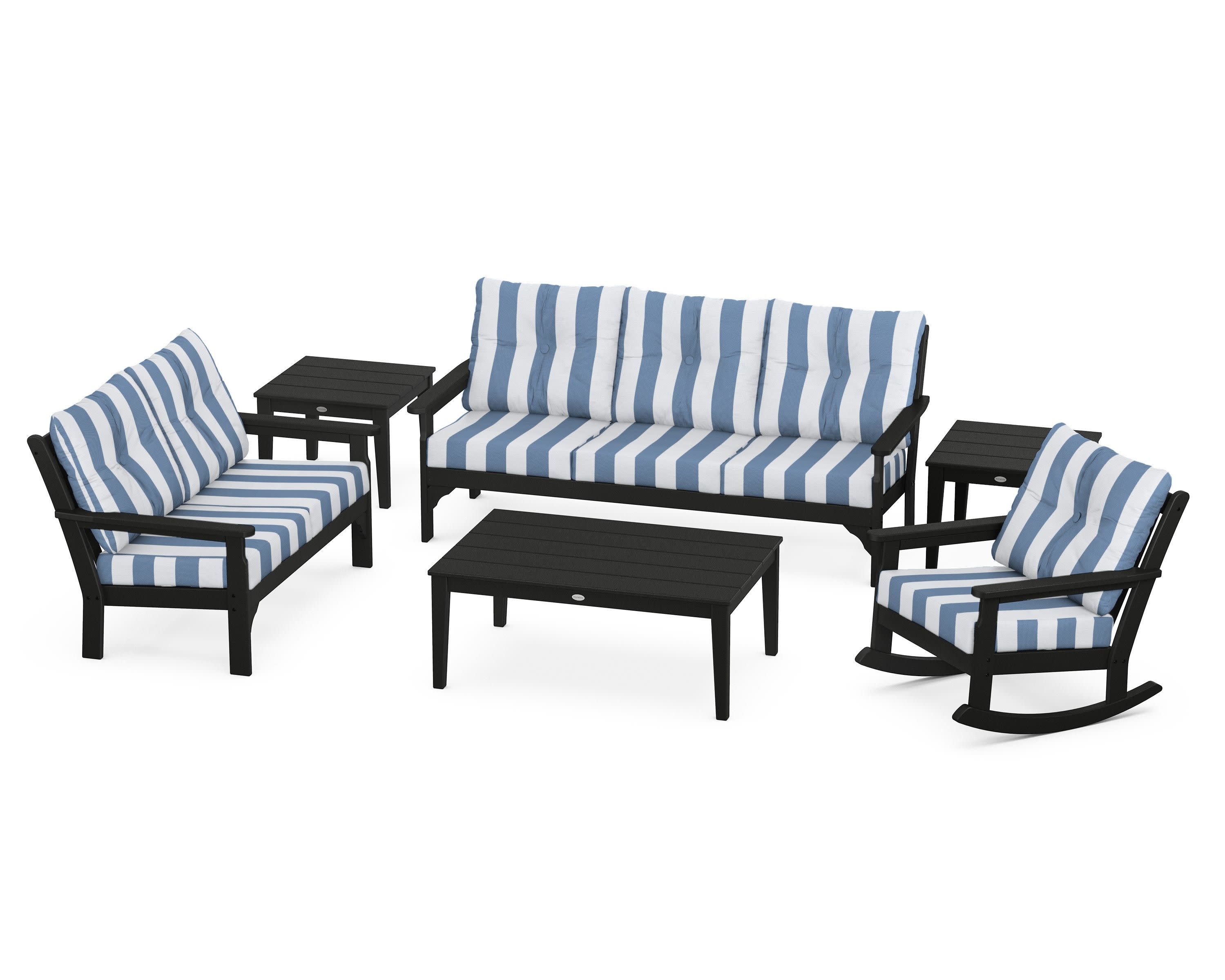 Vineyard 6-Piece Deep Seating Set in Black / Cabana Stripe Sky Blue
