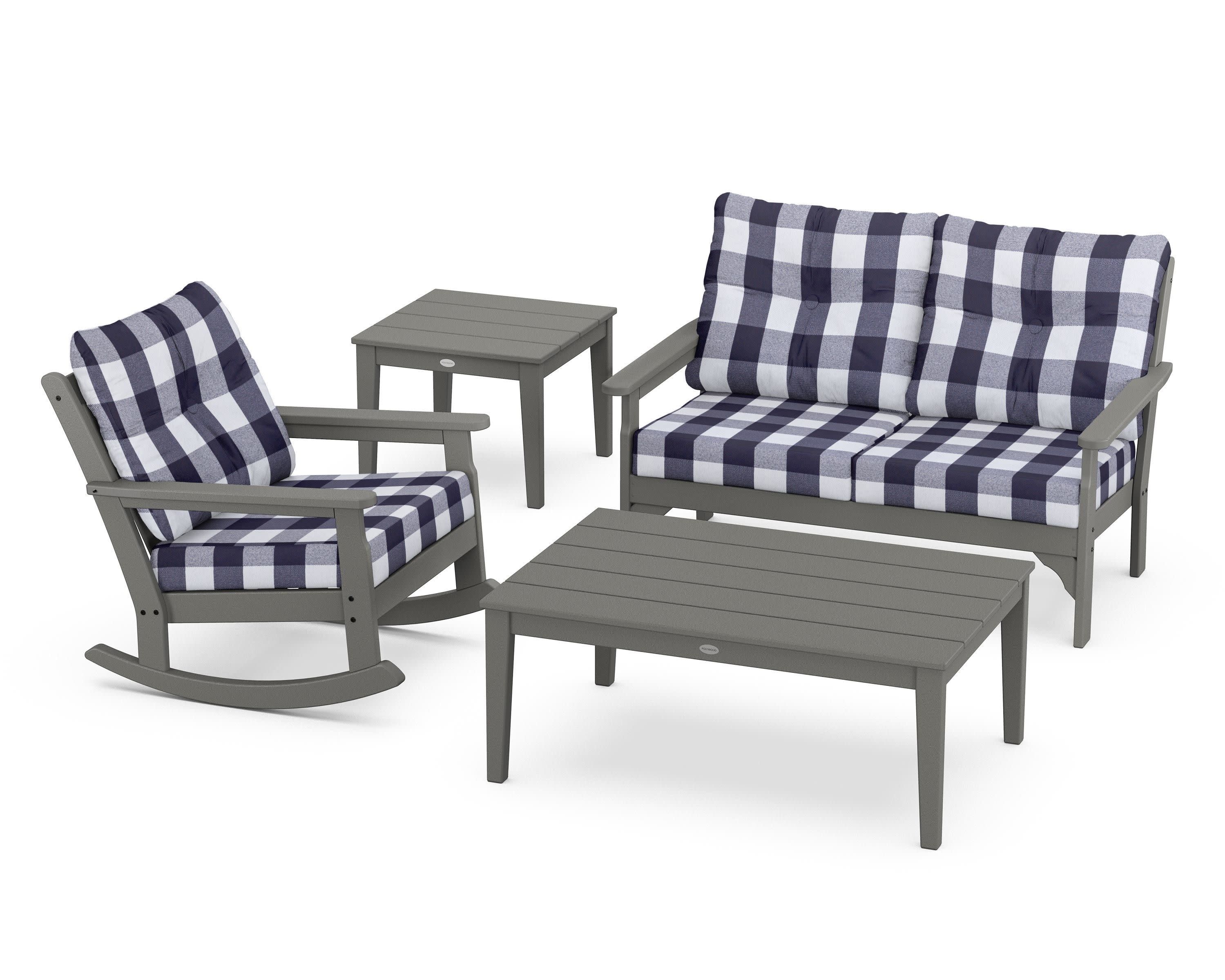 Vineyard 4-Piece Deep Seating Rocker Set in Slate Grey / Buffalo Plaid Navy