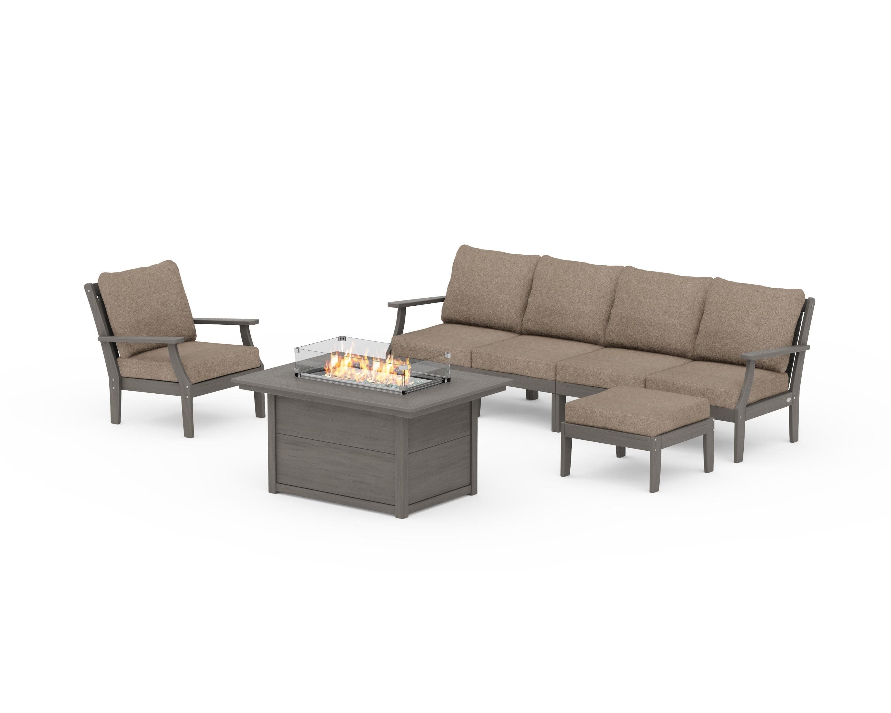 Braxton Sectional Lounge and Fire Pit Set in Driftwood / Spiced Burlap