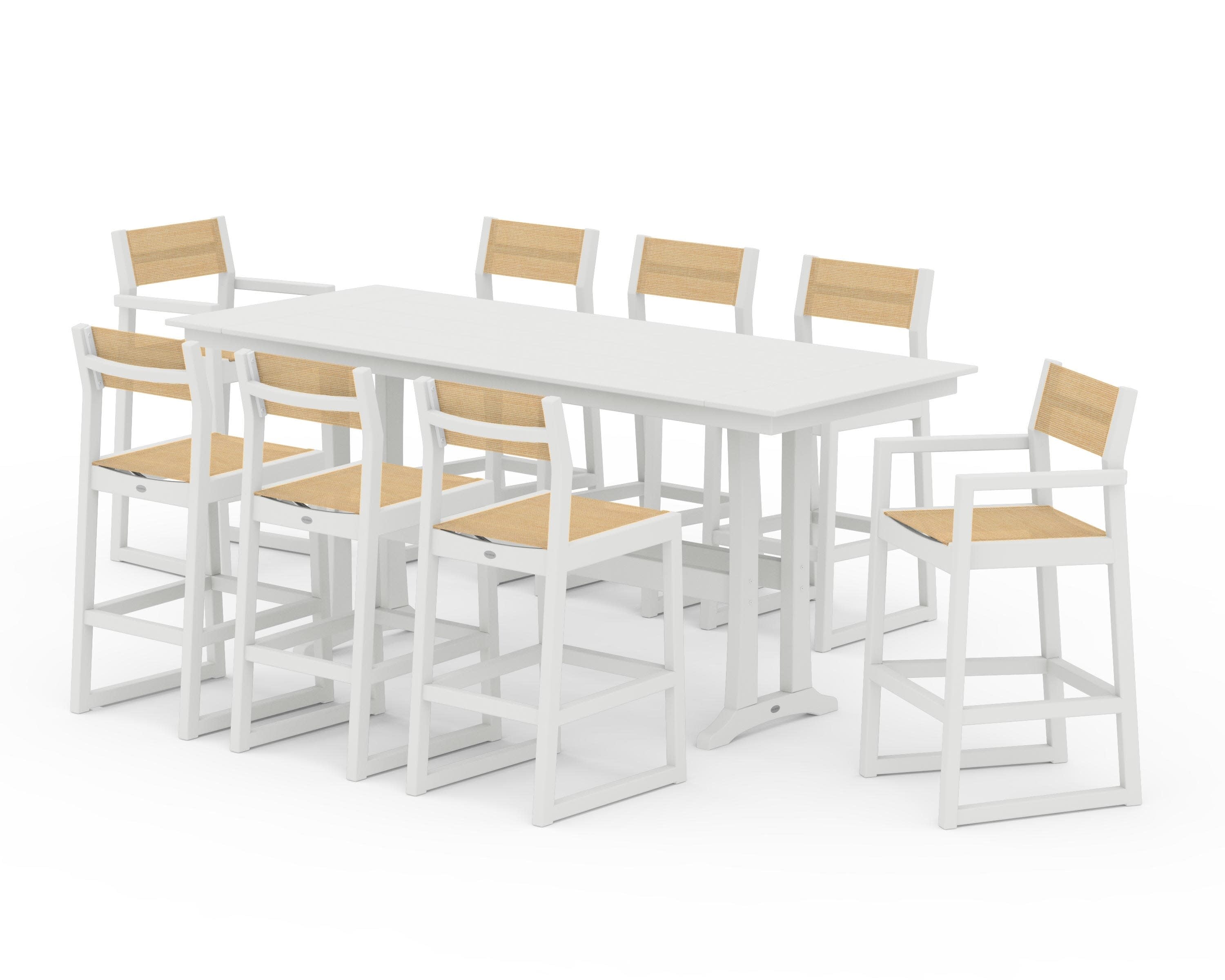 EDGE Sling 9-Piece Farmhouse Bar Set with Trestle Legs in Vintage White / Dupioni Apricot Sling