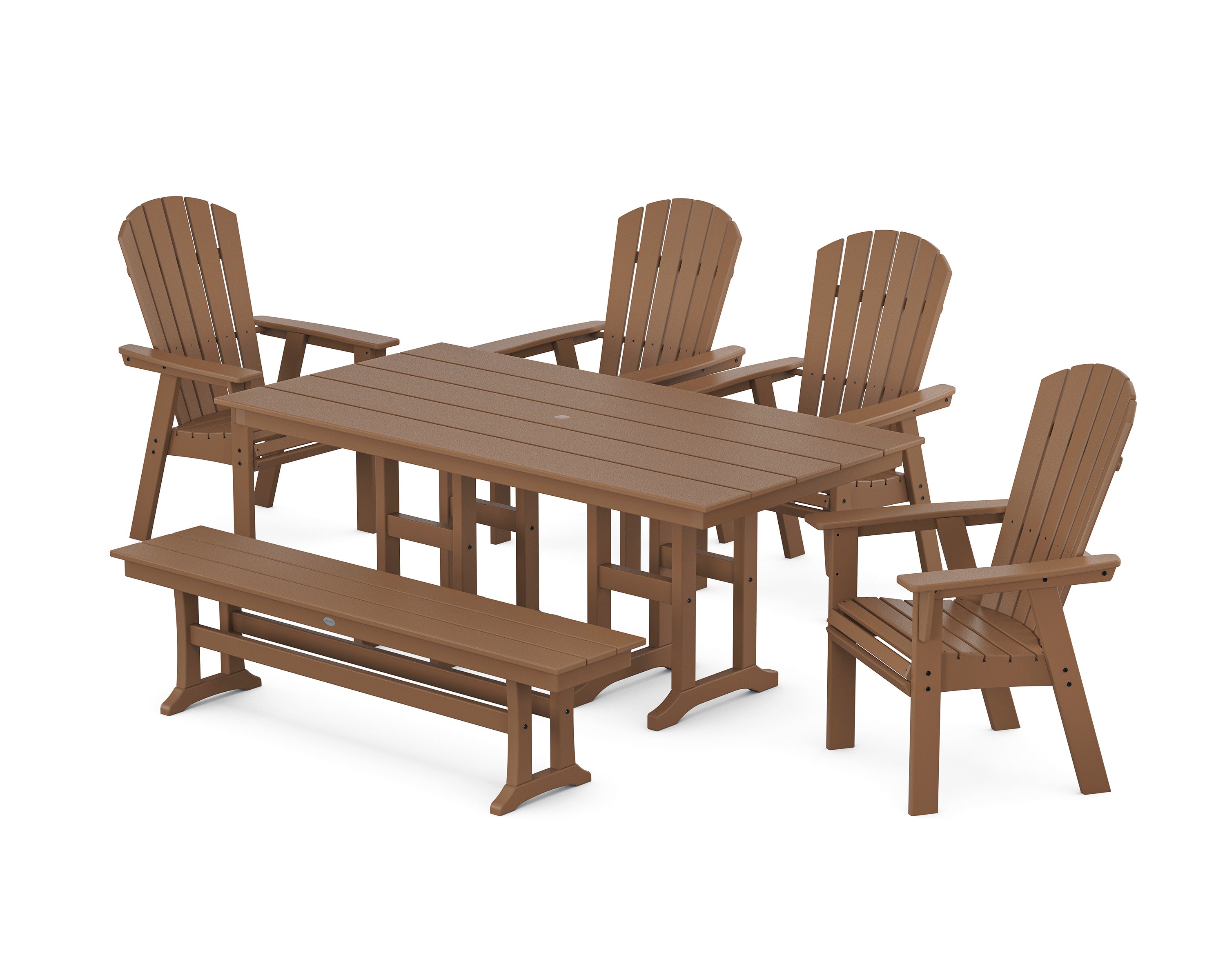 Nautical Curveback Adirondack 6-Piece Farmhouse Dining Set with Bench in Teak