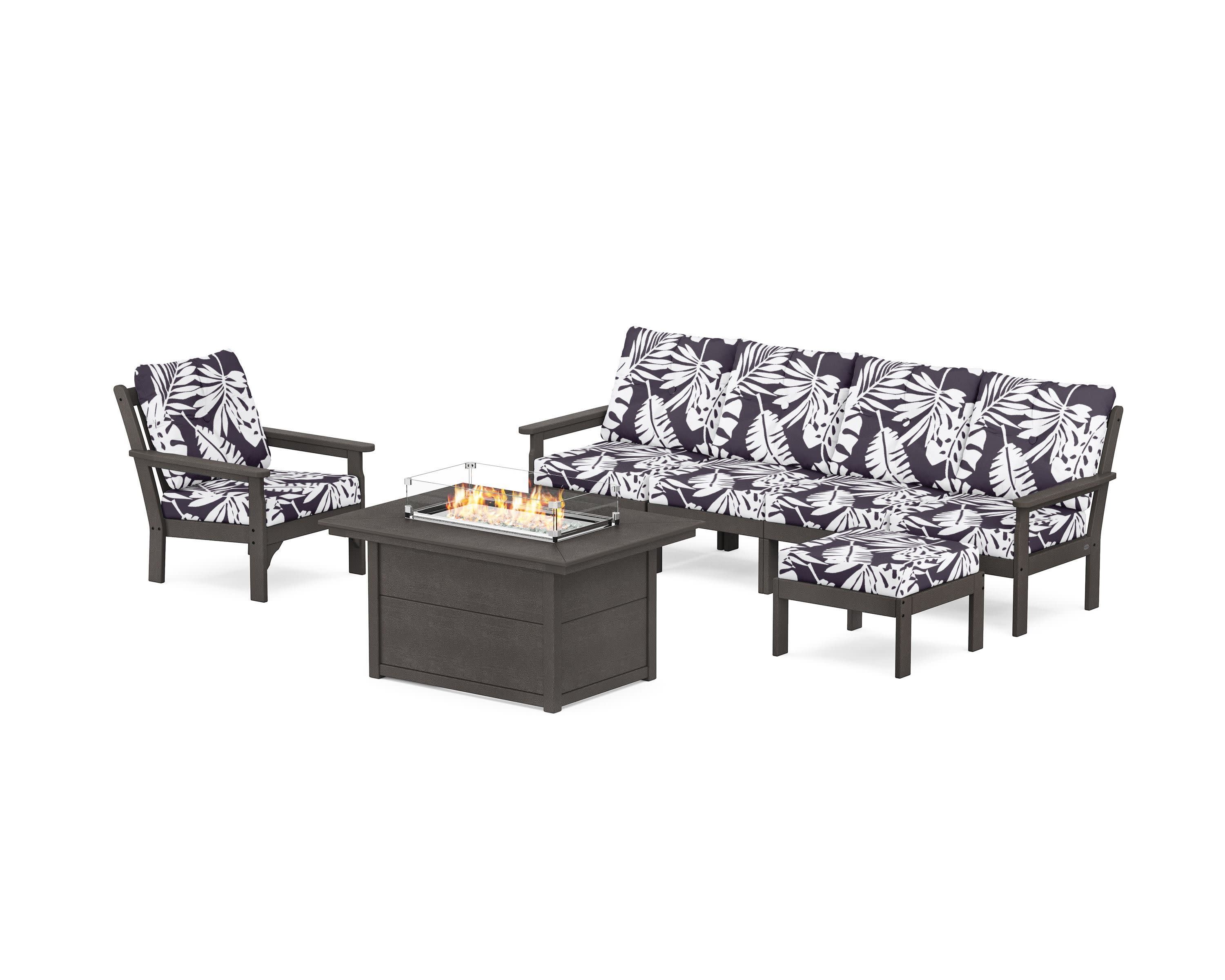 Vineyard Sectional Lounge and Fire Pit Set in Vintage Coffee / Leaf Navy