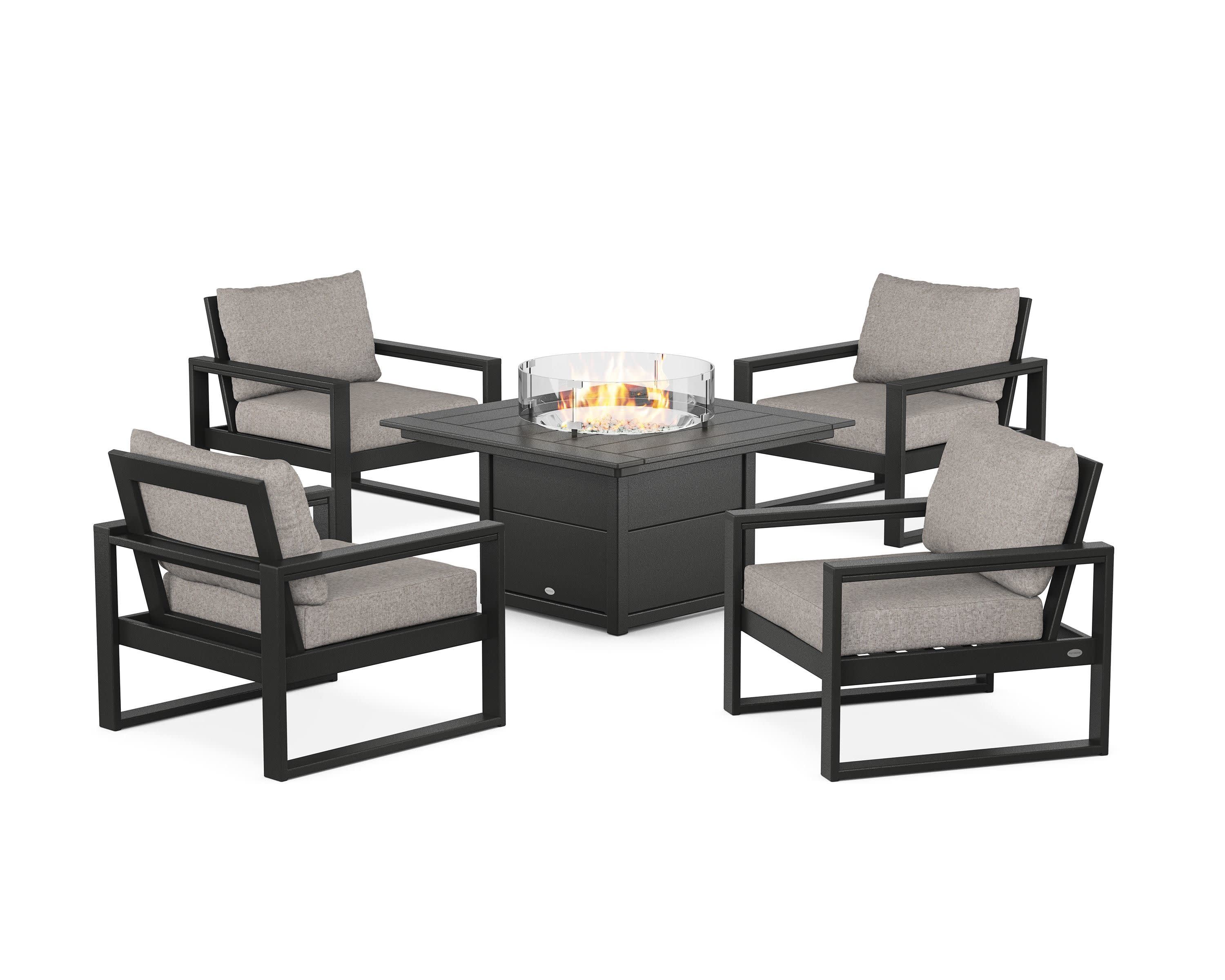 EDGE Sectional 5-Piece Deep Seating Set with Fire Pit Table in Black / Weathered Tweed