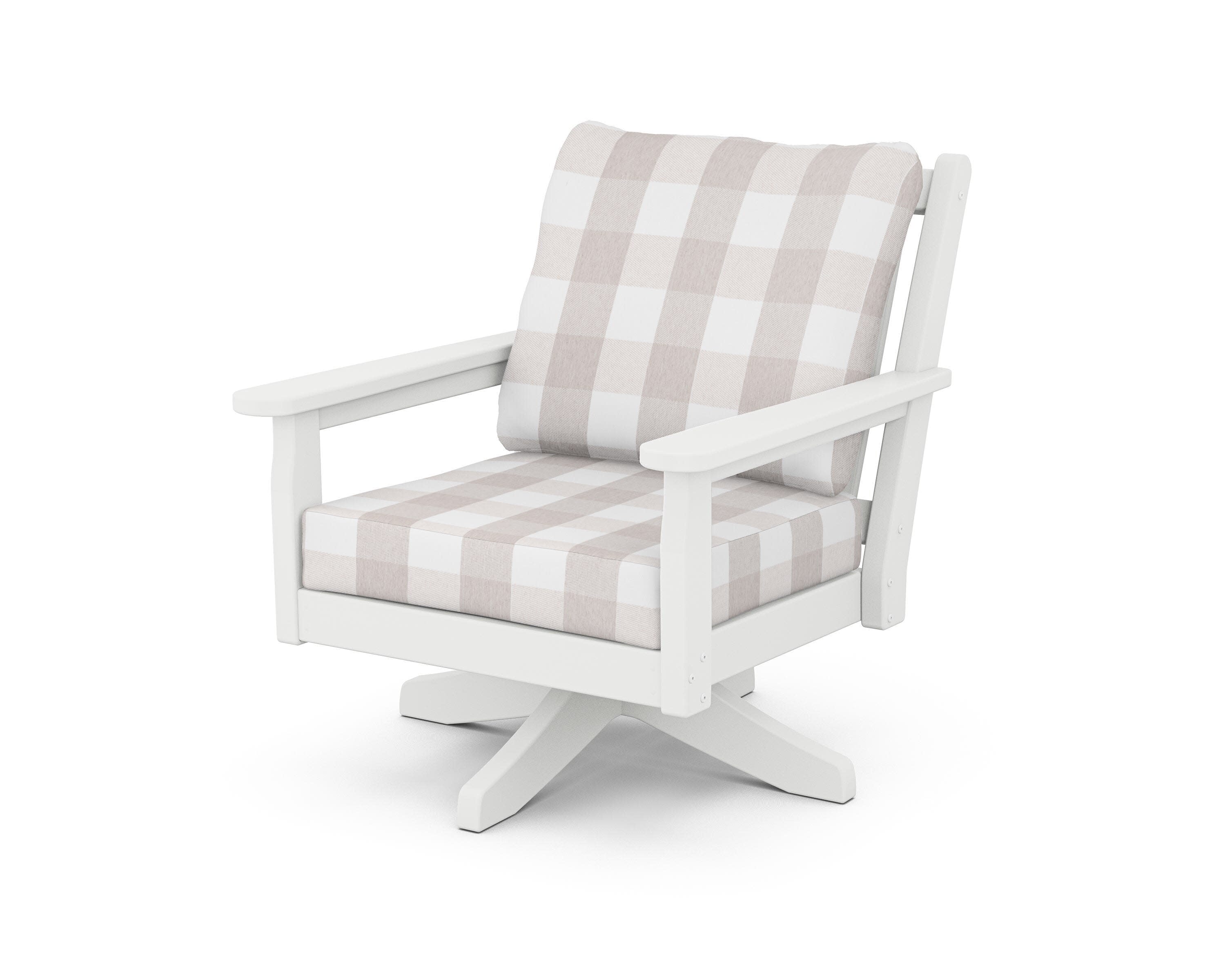 Chippendale Deep Seating Swivel Chair in White / Buffalo Plaid Dune Burlap