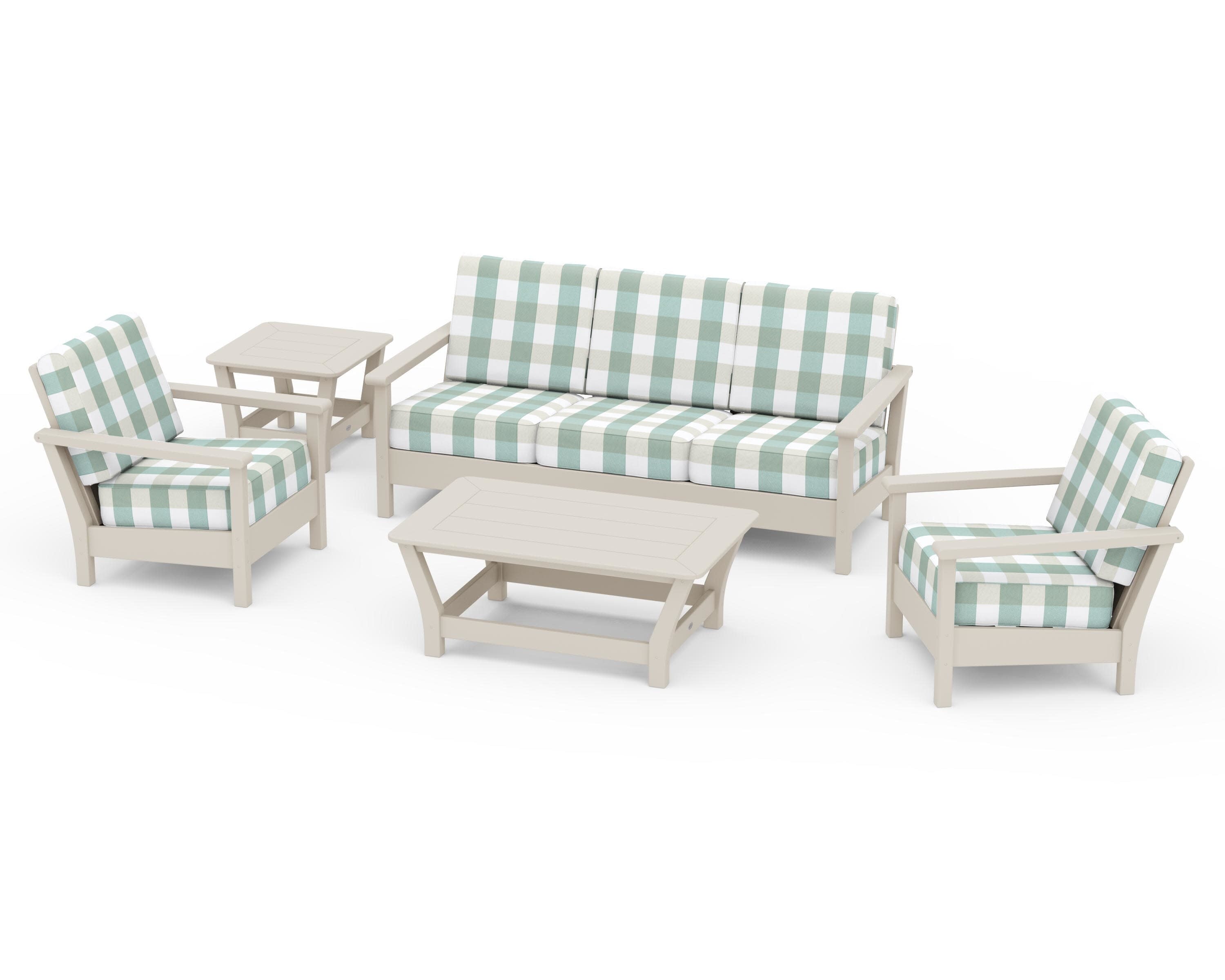 Harbour 5-Piece Deep Seating Set in Sand / Buffalo Plaid Glacier Spa