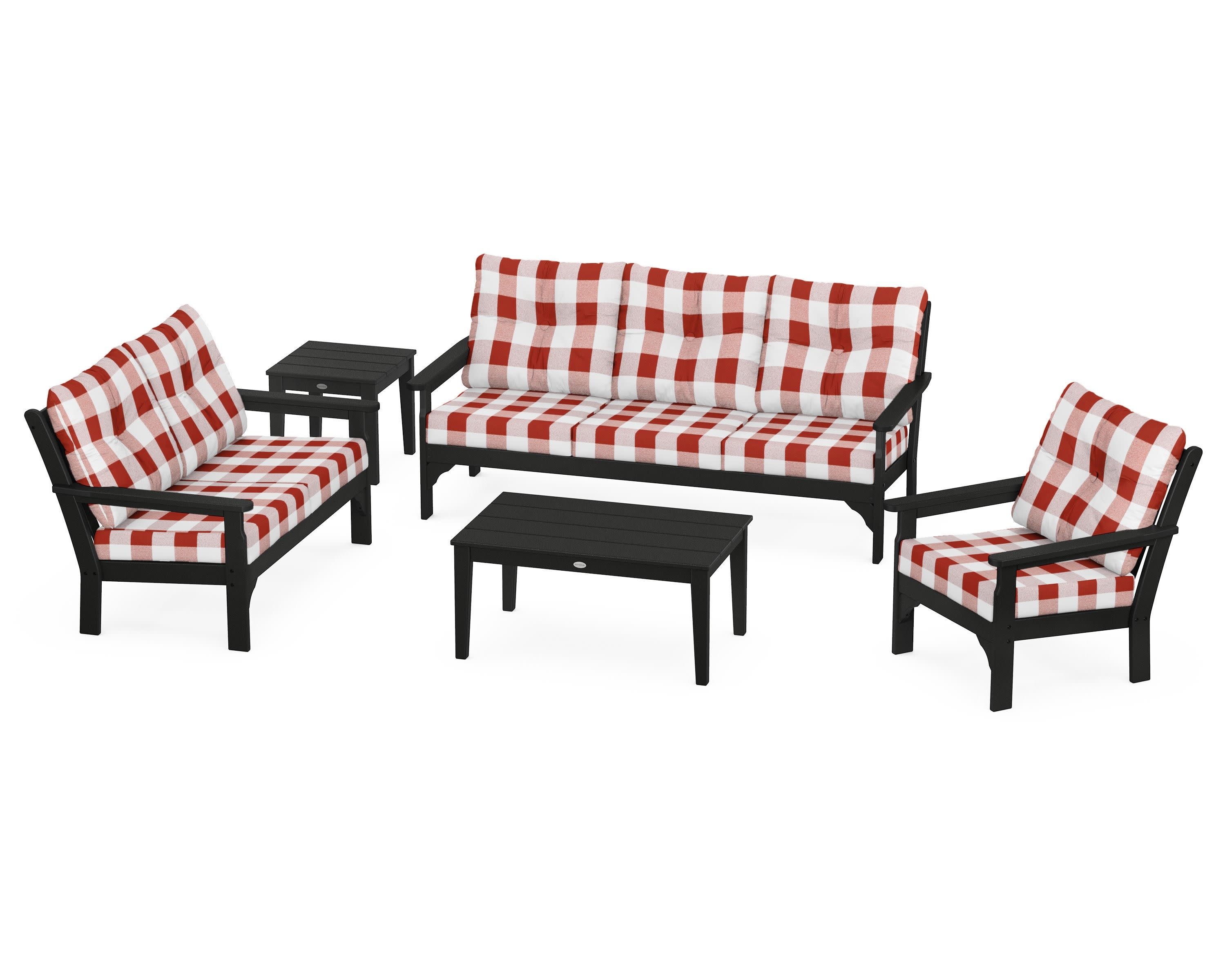 Vineyard 5 Piece Deep Seating Set in Black / Buffalo Plaid Crimson