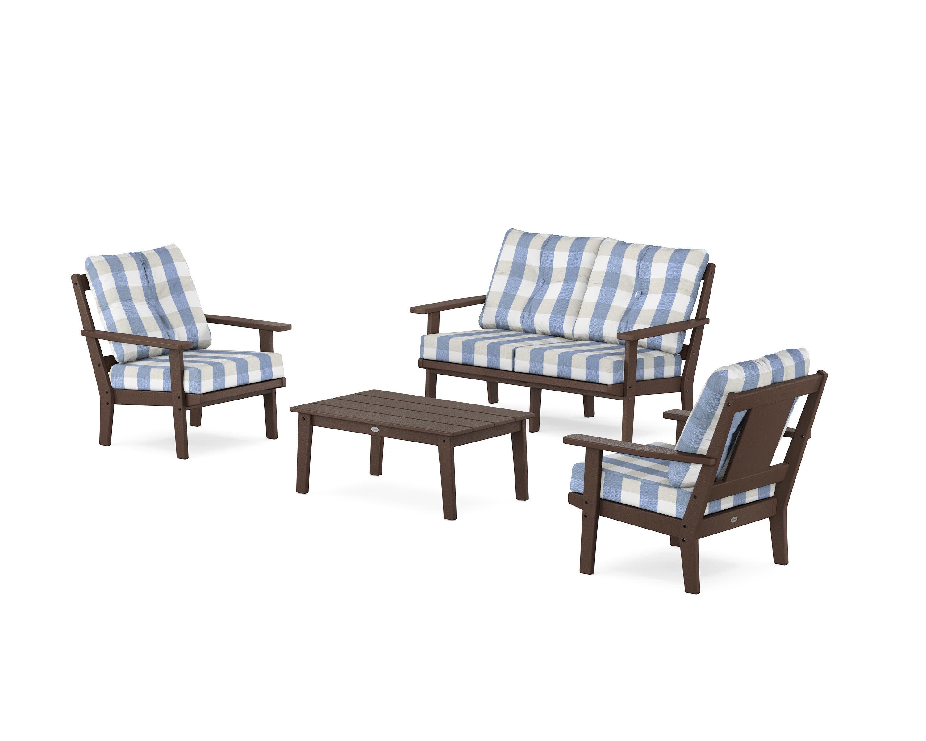 Prairie 4-Piece Deep Seating Set with Loveseat in Mahogany / Buffalo Plaid Sky Blue