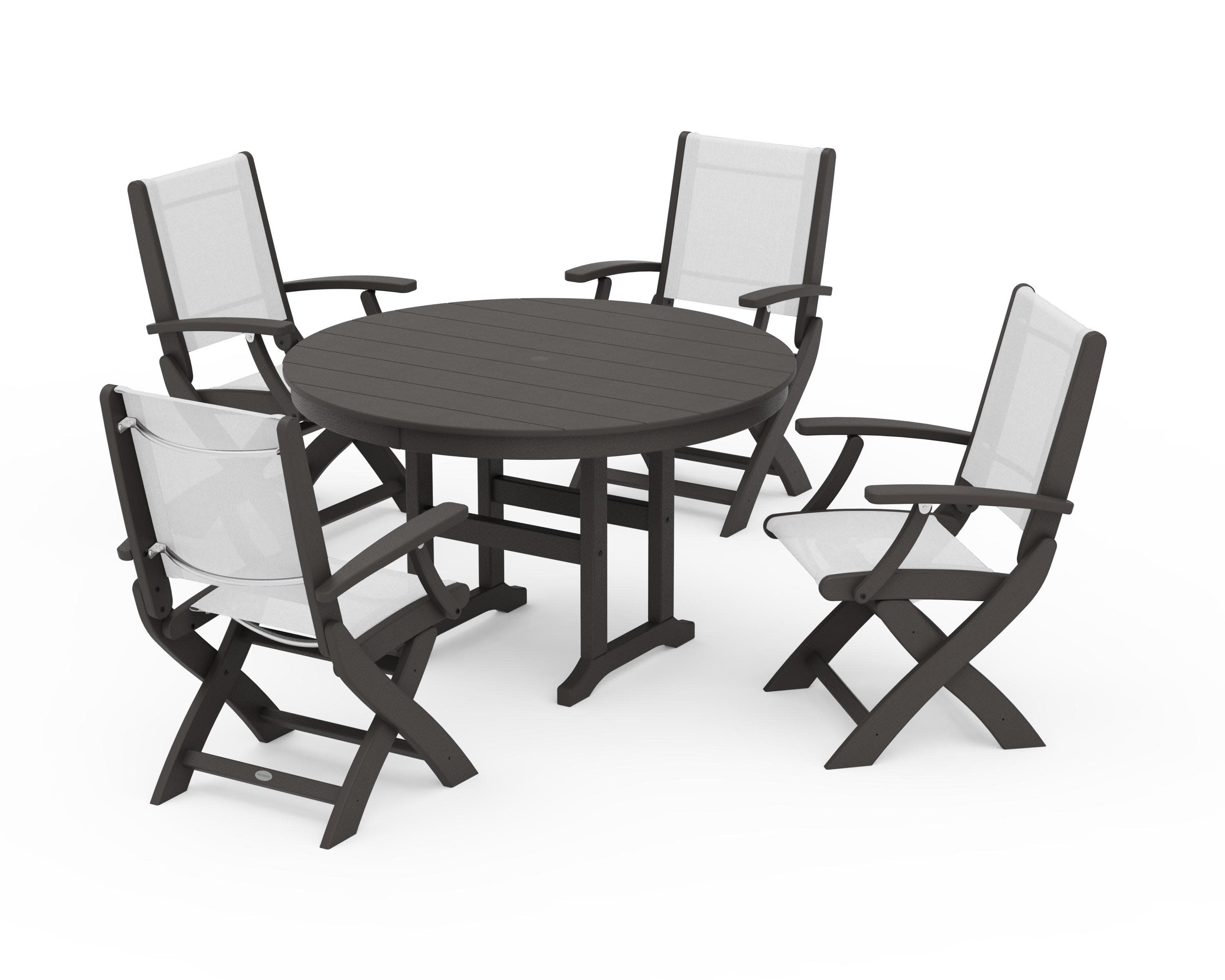 Coastal Folding Chair 5-Piece Round Dining Set in Vintage Coffee / White Sling