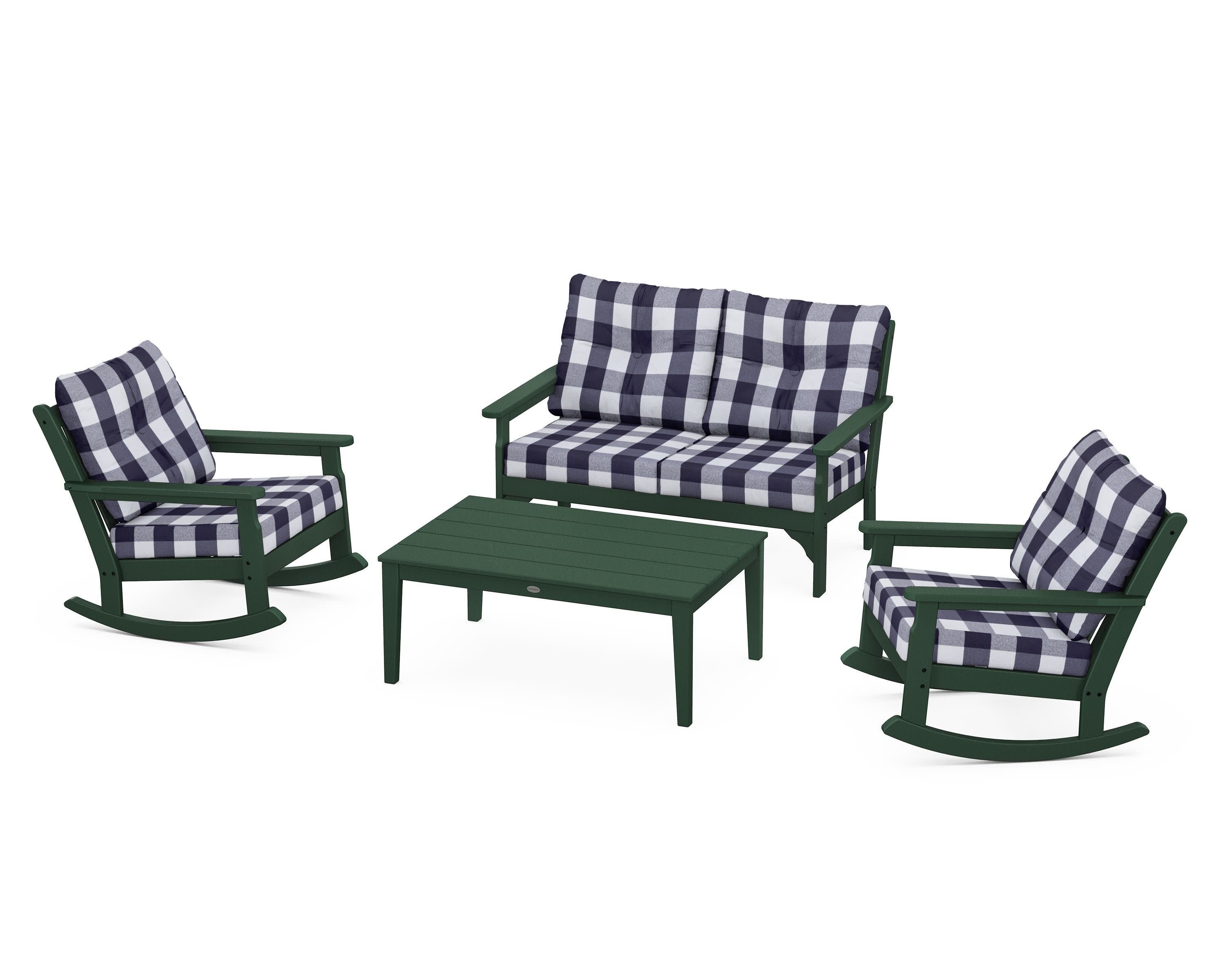 Vineyard 4-Piece Deep Seating Rocking Chair Set in Green / Buffalo Plaid Navy