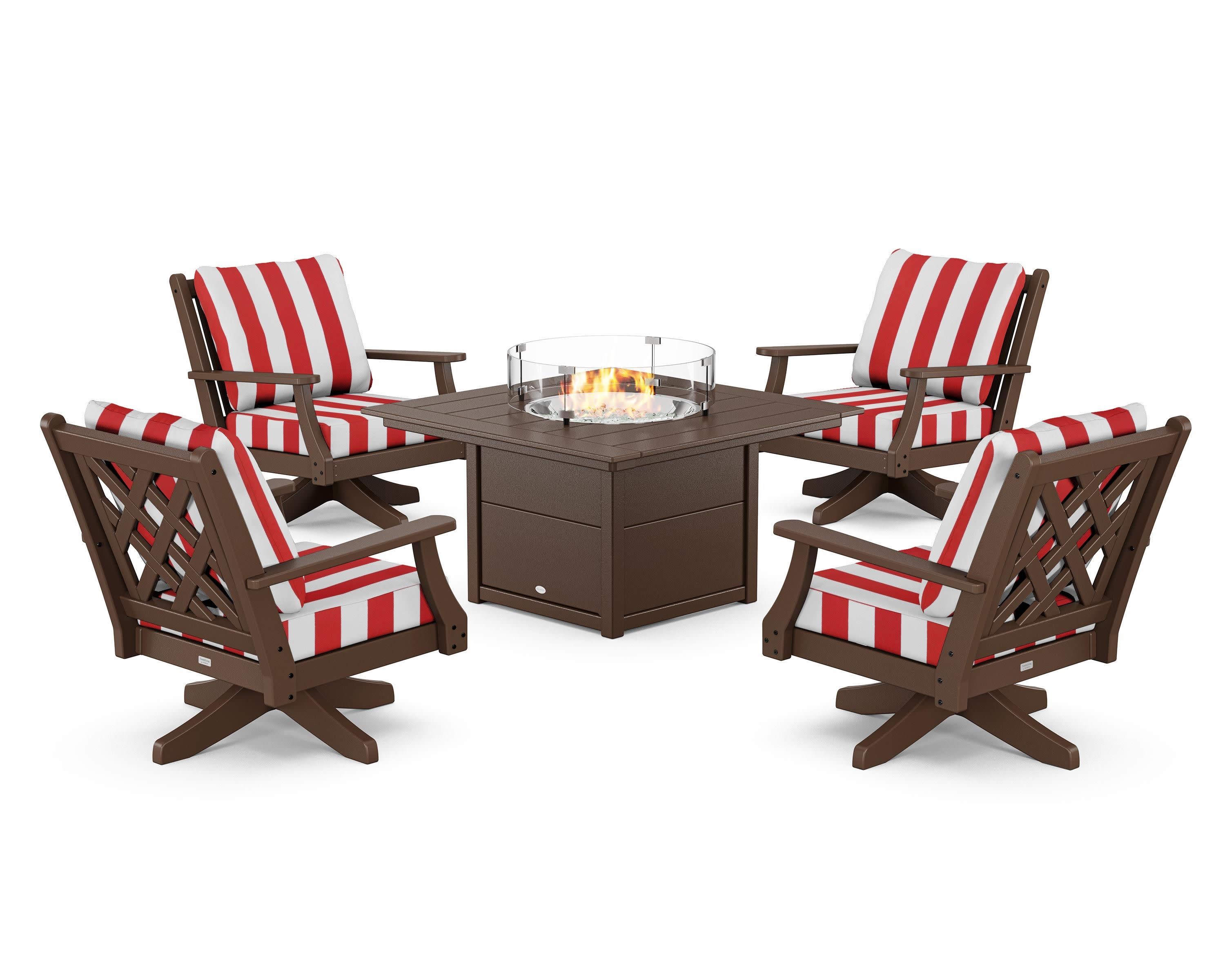 Wovendale 5-Piece Deep Seating Swivel Conversation Set with Fire Pit Table in Mahogany / Cabana Stripe Crimson
