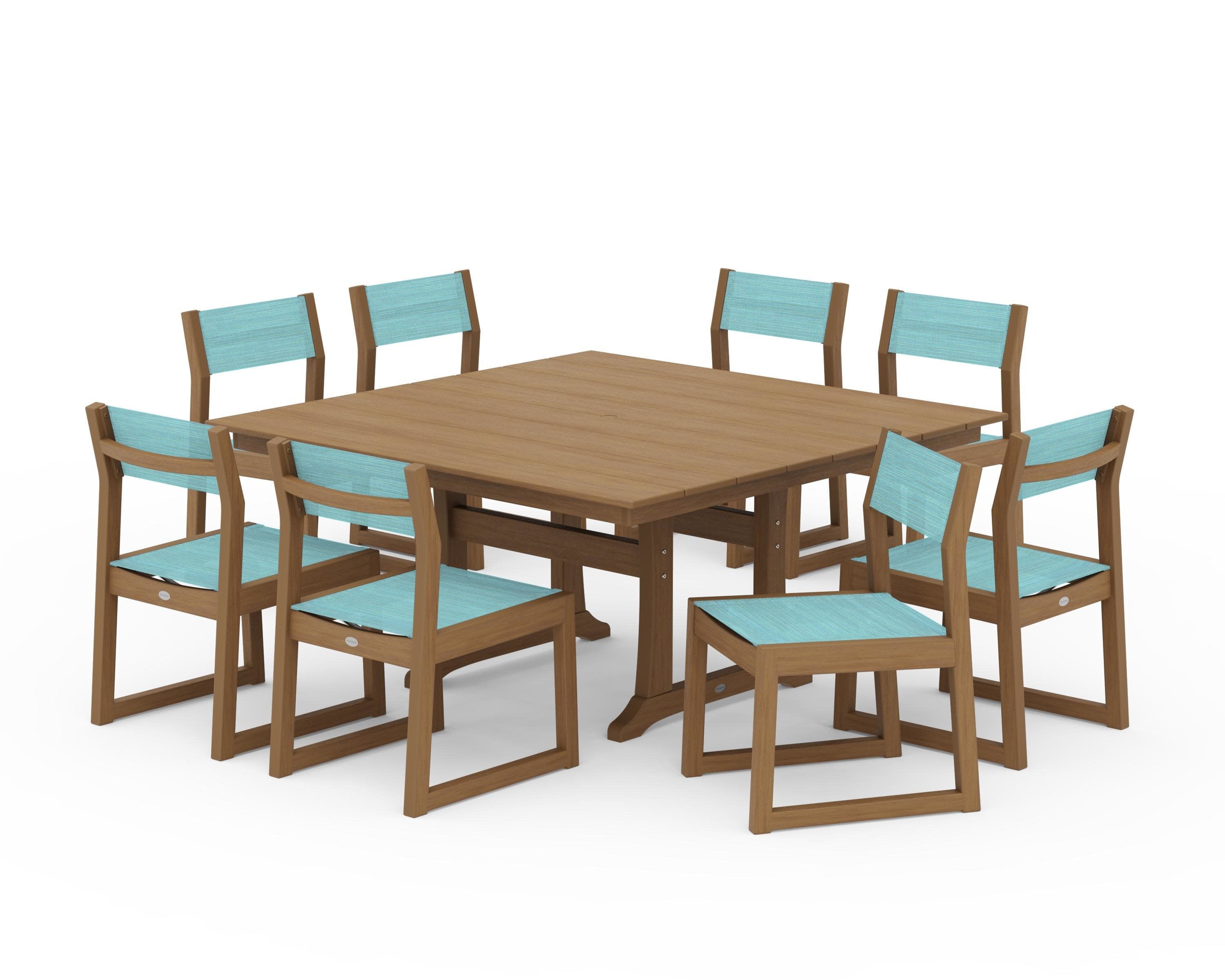 EDGE Sling Side Chair 9-Piece Farmhouse Trestle Dining Set in Natural / Dupioni Aquamarine Sling