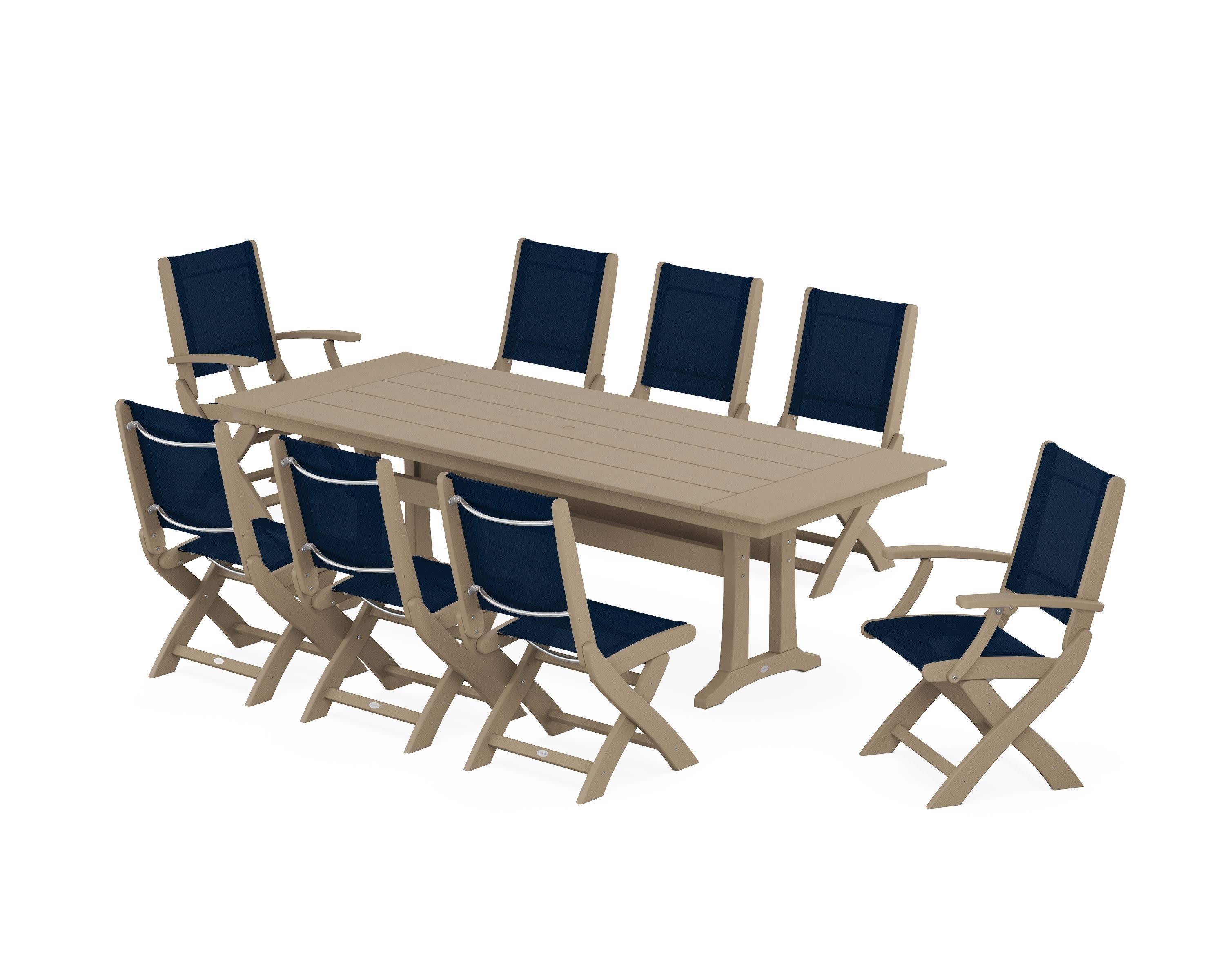Coastal 9-Piece Folding Dining Chair Farmhouse Dining Set with Trestle Legs in Vintage Sahara / Navy Blue Sling