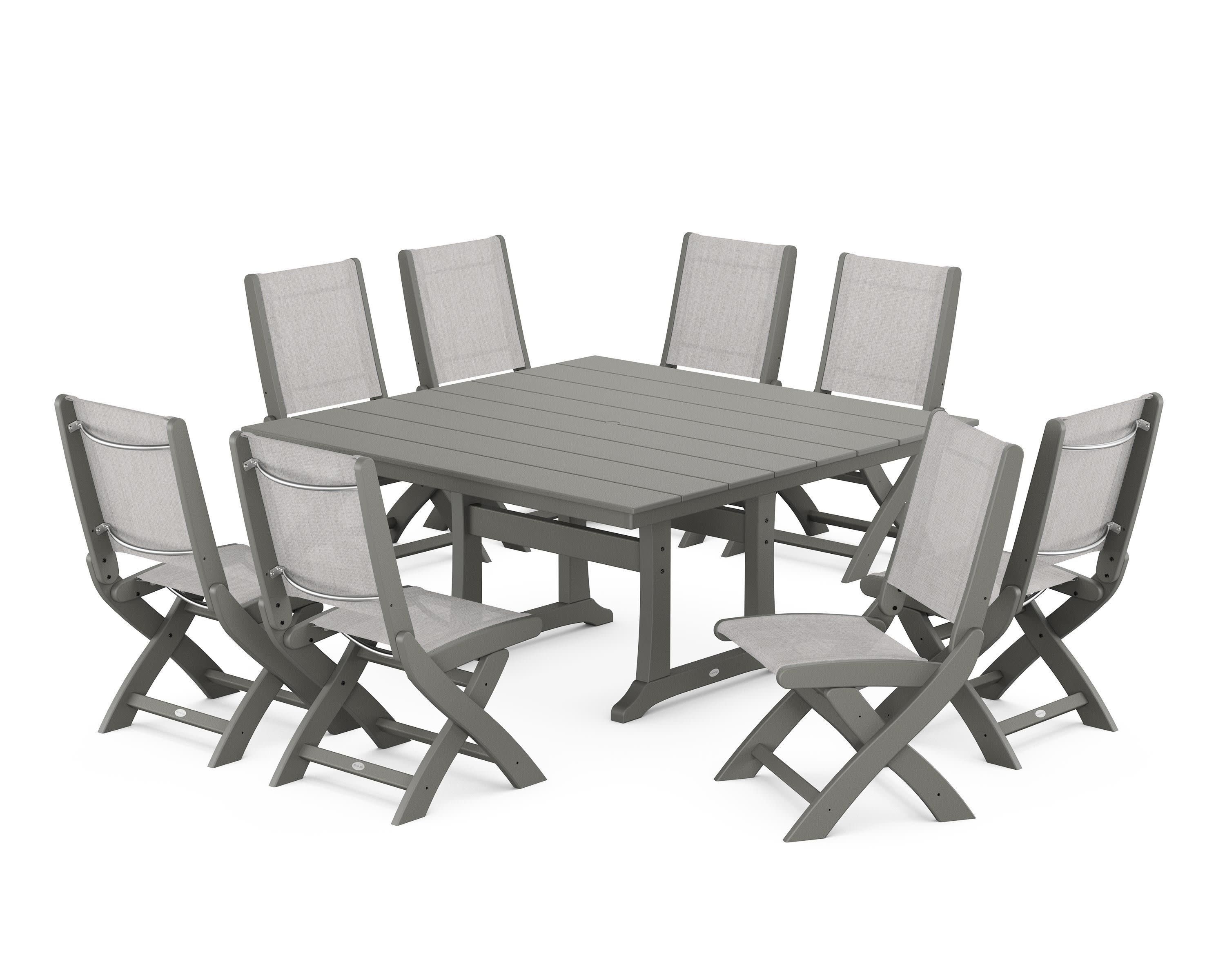 Coastal Folding Side Chair 9-Piece Farmhouse Dining Set in Slate Grey / Parchment Sling