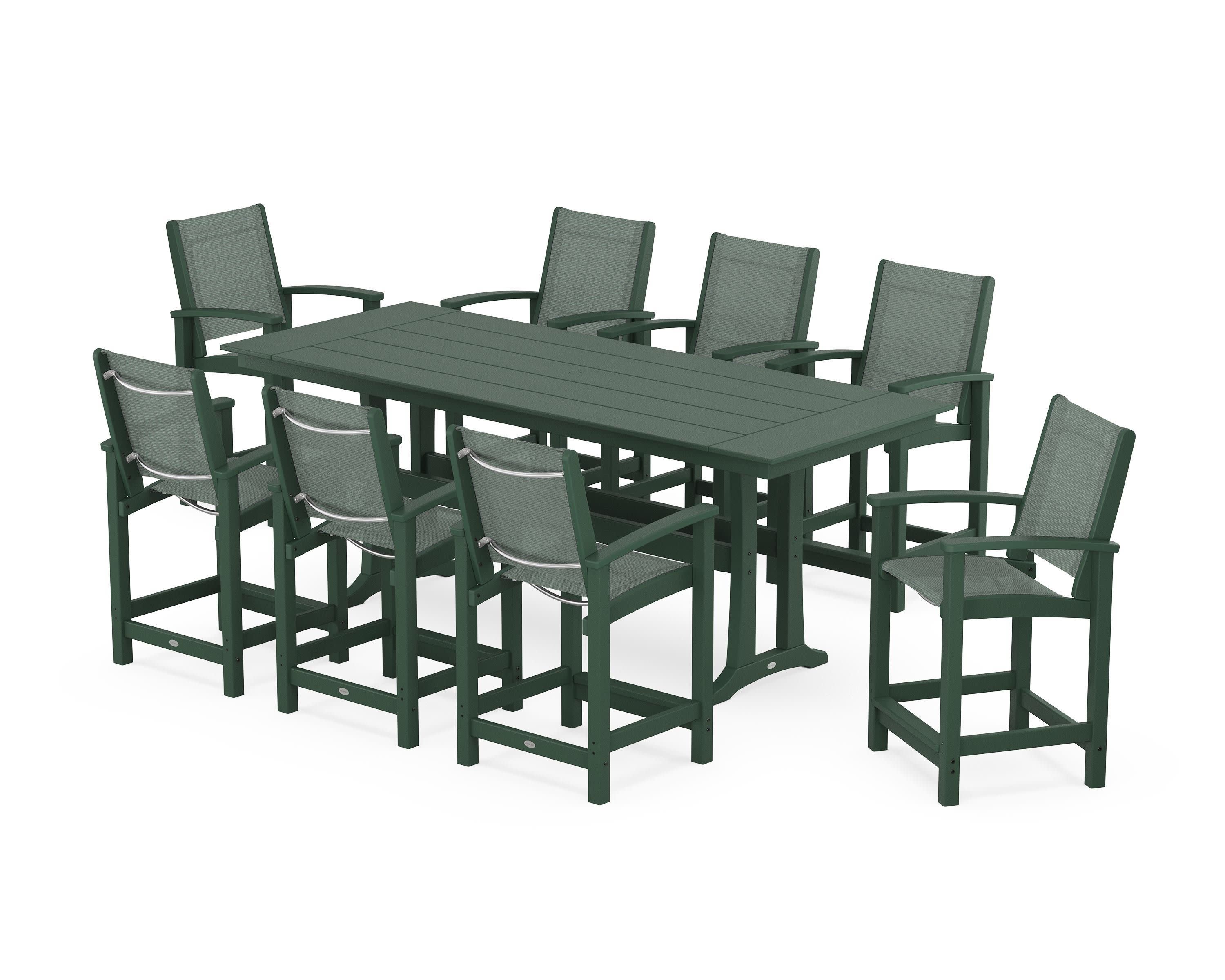 Coastal 9-Piece Farmhouse Counter Set with Trestle Legs in Green / Dupioni Sea Mist Sling