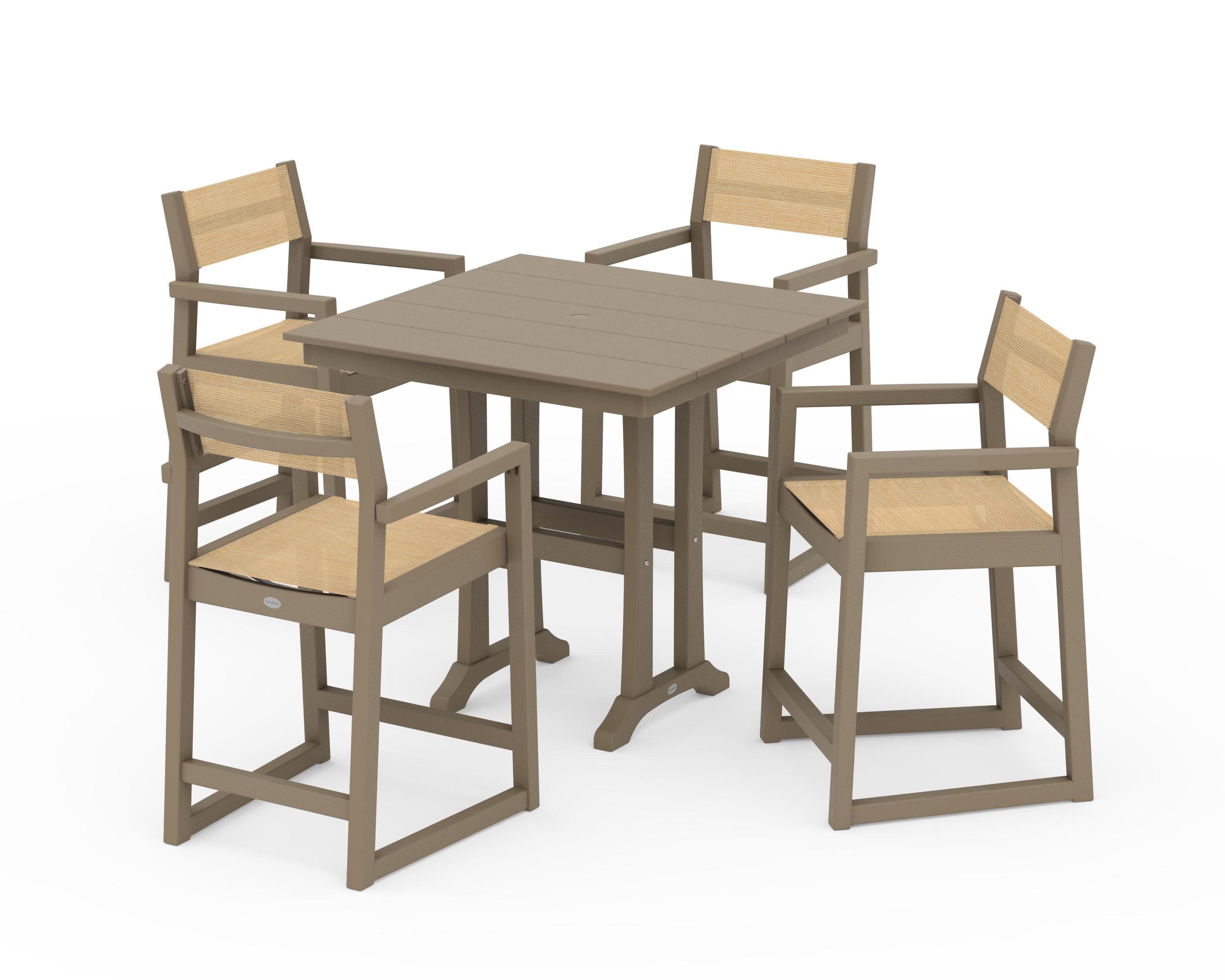 EDGE Sling Arm Chair 5-Piece Farmhouse Counter Set with Trestle Legs in Vintage Sahara / Dupioni Apricot Sling