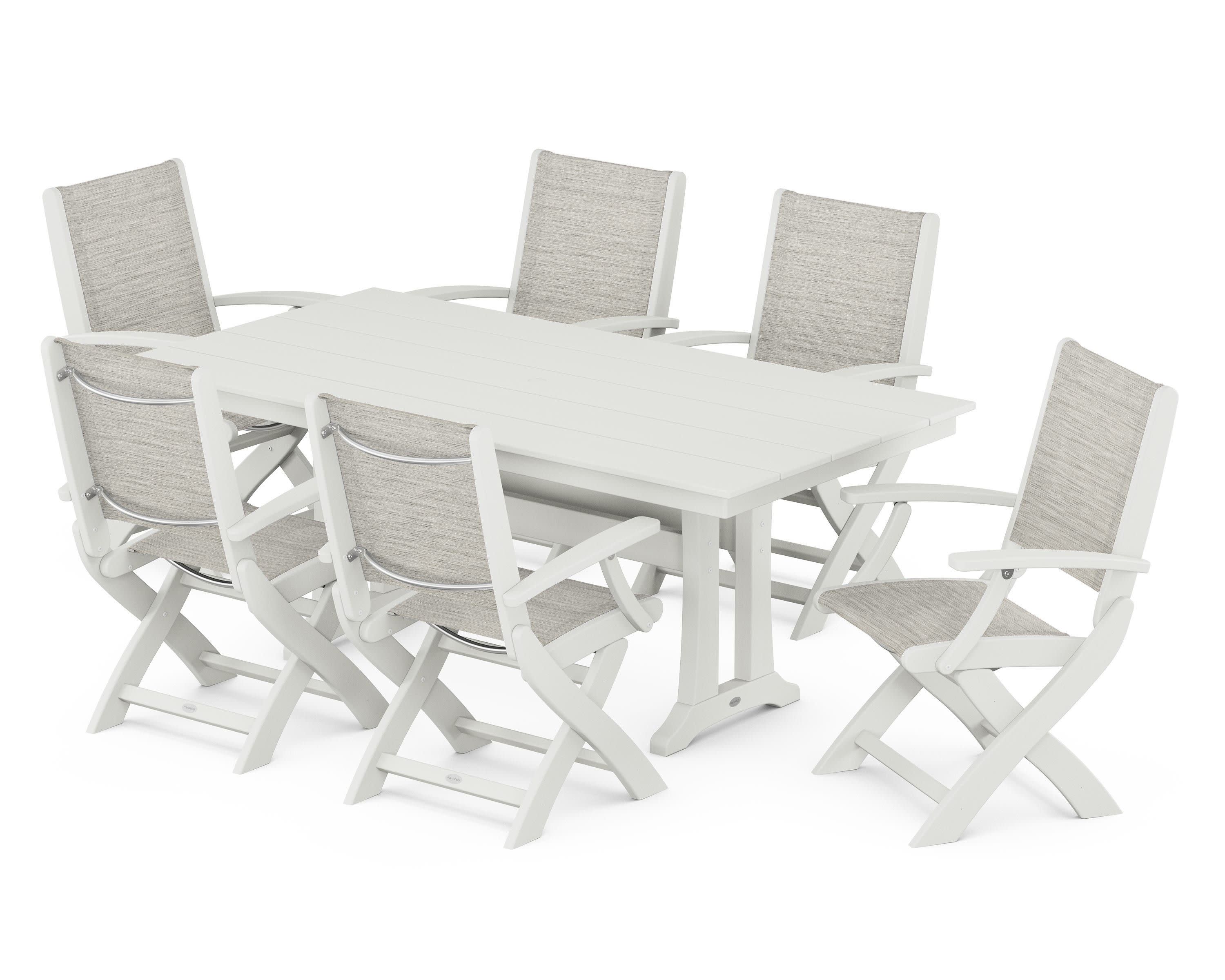 Coastal Folding Arm Chair 7-Piece Farmhouse Dining Set with Trestle Legs in Vintage White / Birch Sling