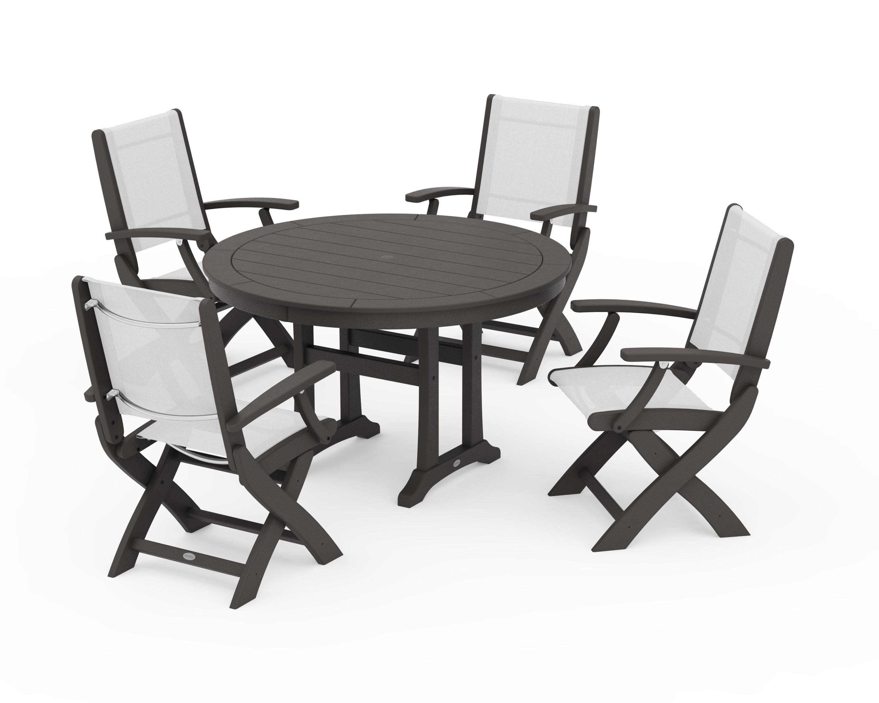 Coastal Folding Chair 5-Piece Round Dining Set with Trestle Legs in Vintage Coffee / White Sling