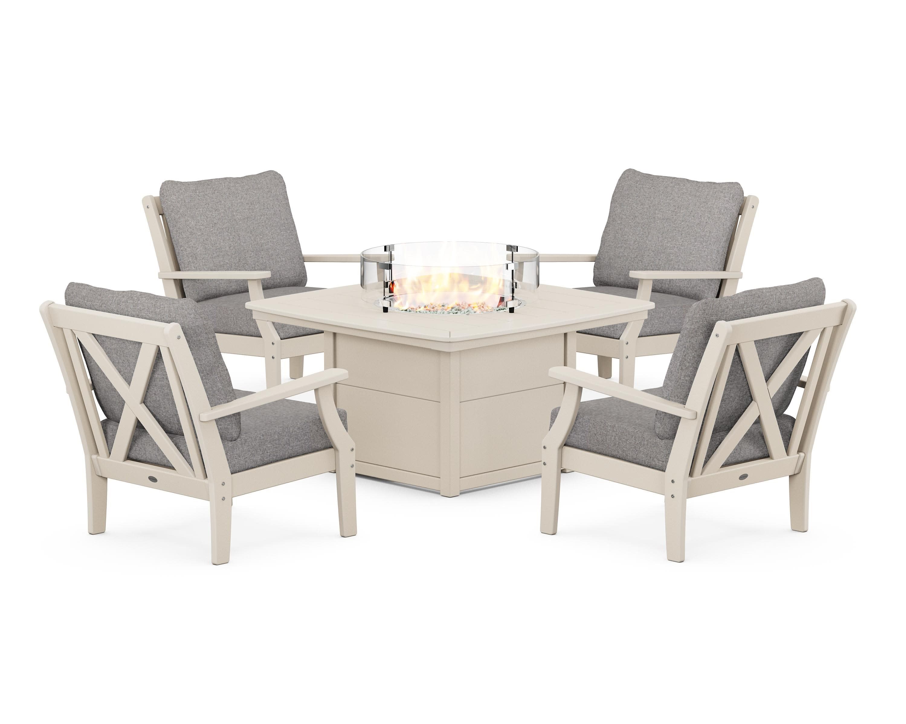 Braxton 5-Piece Deep Seating Conversation Set with Fire Pit Table in Sand / Grey Mist
